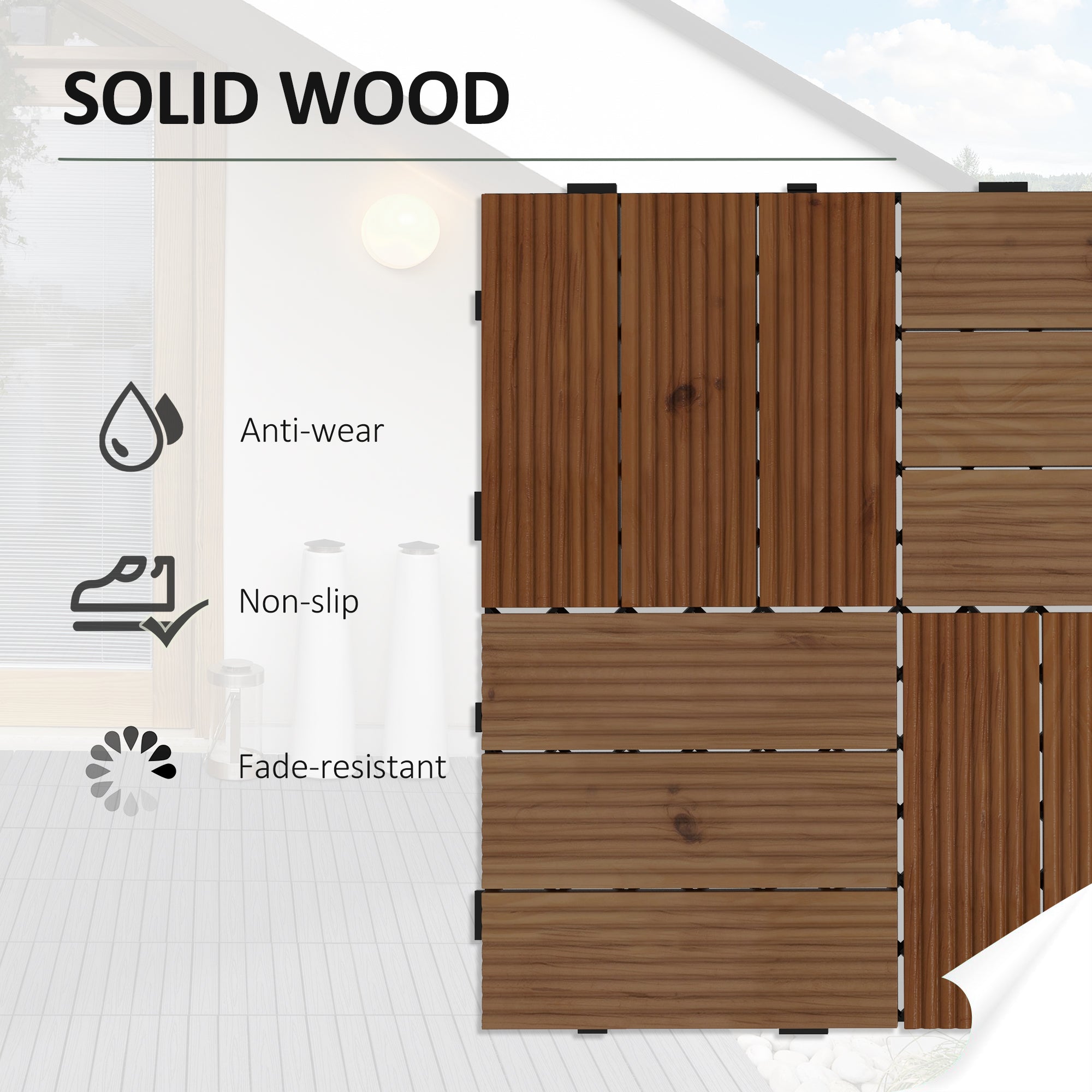 Outsunny 27 Pcs Wooden Interlocking Decking Tiles, 30 x 30 cm Anti-slip Outdoor Flooring Tiles, 0.81\'e3\'8e\'a1 per Pack, All Weather Use for Patio, Balcony, Terrace, Hot Tub, Brown