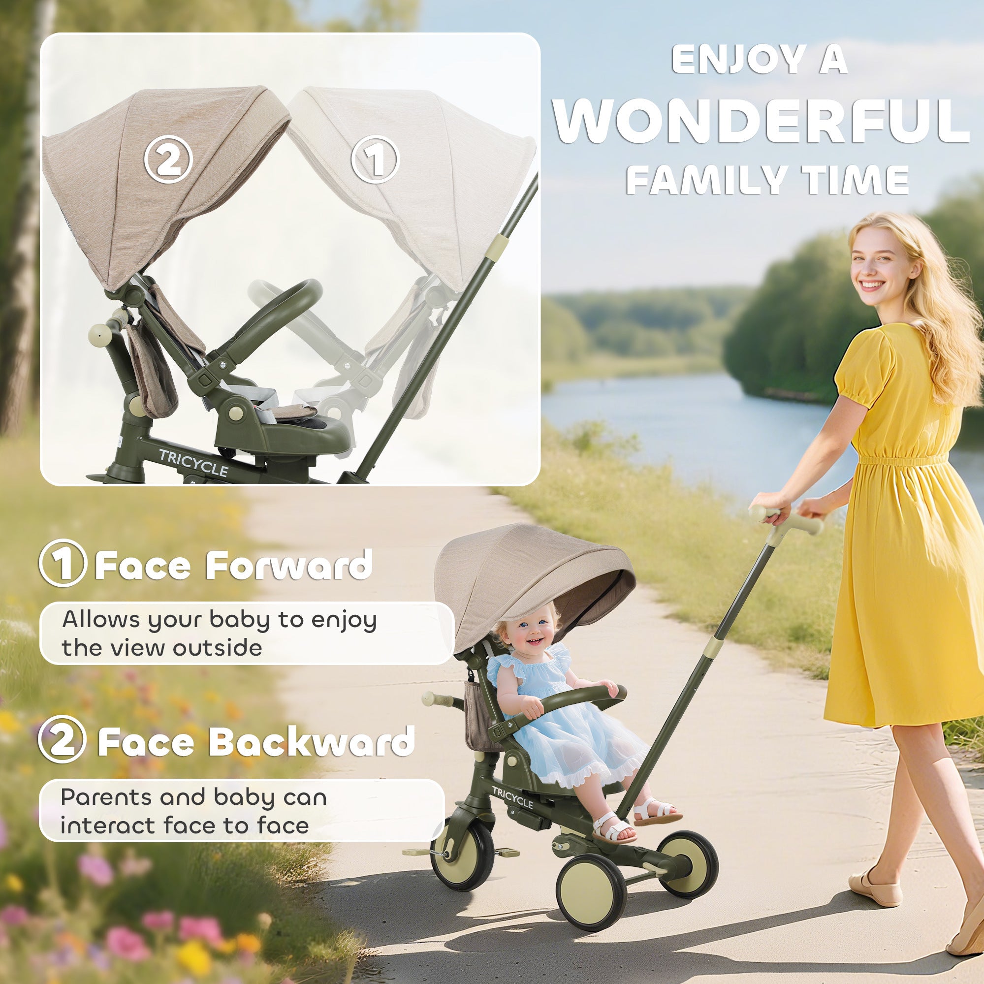 AIYAPLAY 5 in 1 Kids Trike with Adjustable Backrest, Toddler Tricycle with Push Handlebar, Adjustable Backrest, Dark Green