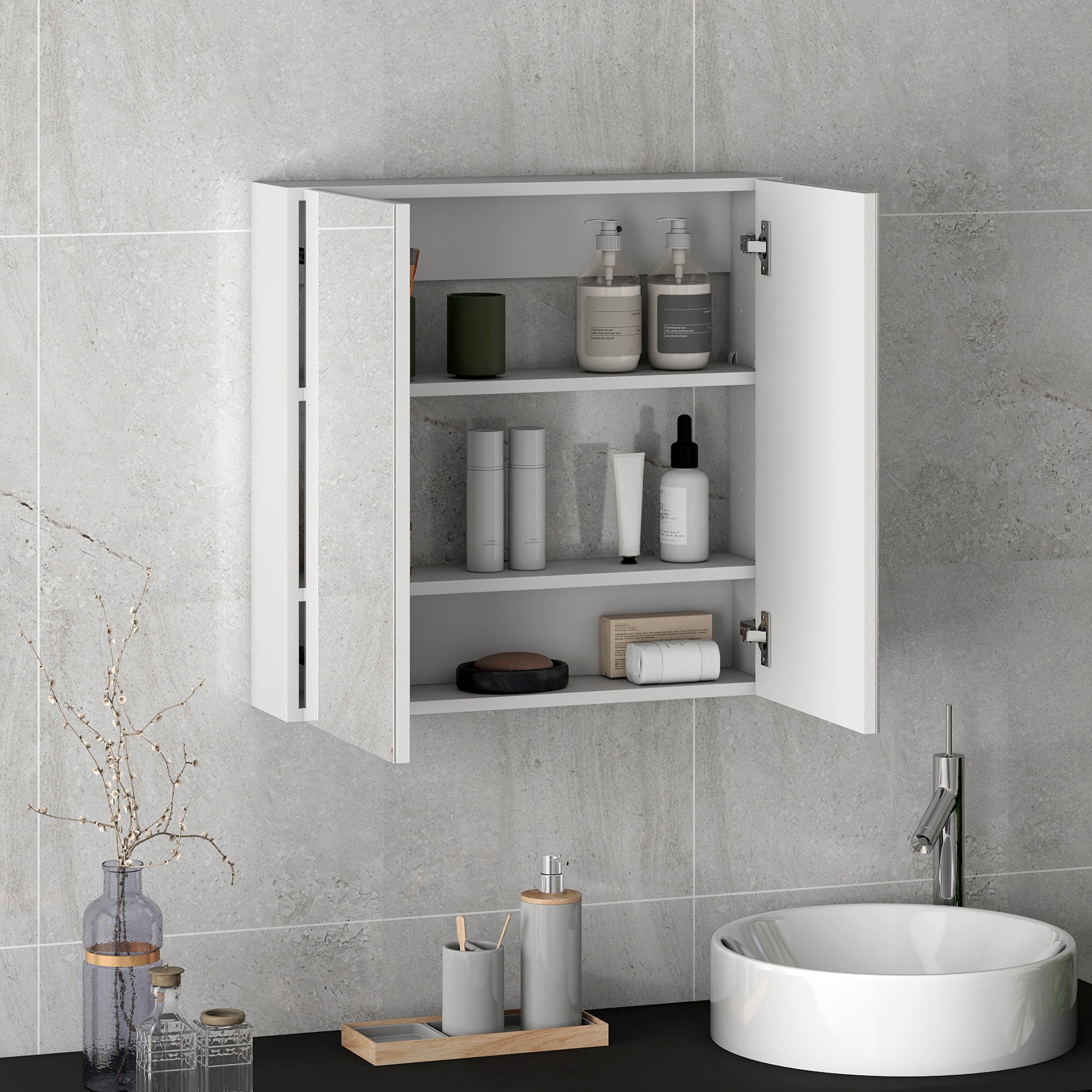 HOMCOM Double Door Wall Mounted Glass Mirror Cabinet Modern Storage Unit Bathroom Shelf Organiser Waterproof Wooden Frame 60W x 15D x 60H cm