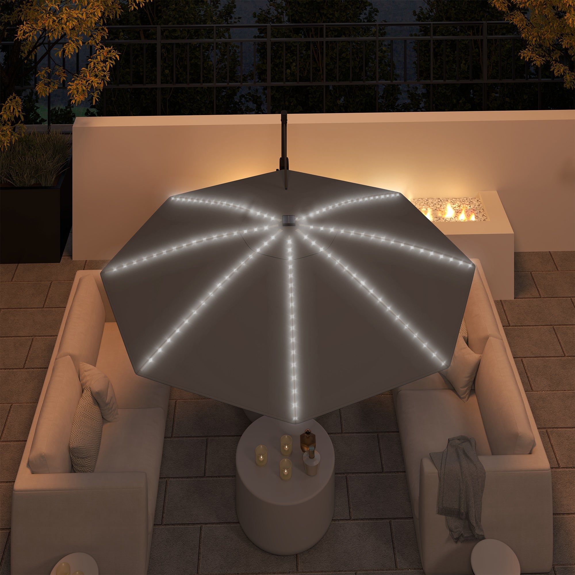 Outsunny 3(m) Cantilever Garden Parasol with Solar Powered Lights, Crank Handle & Cross Base, UPF 50+, 360° Rotation, Dark Grey