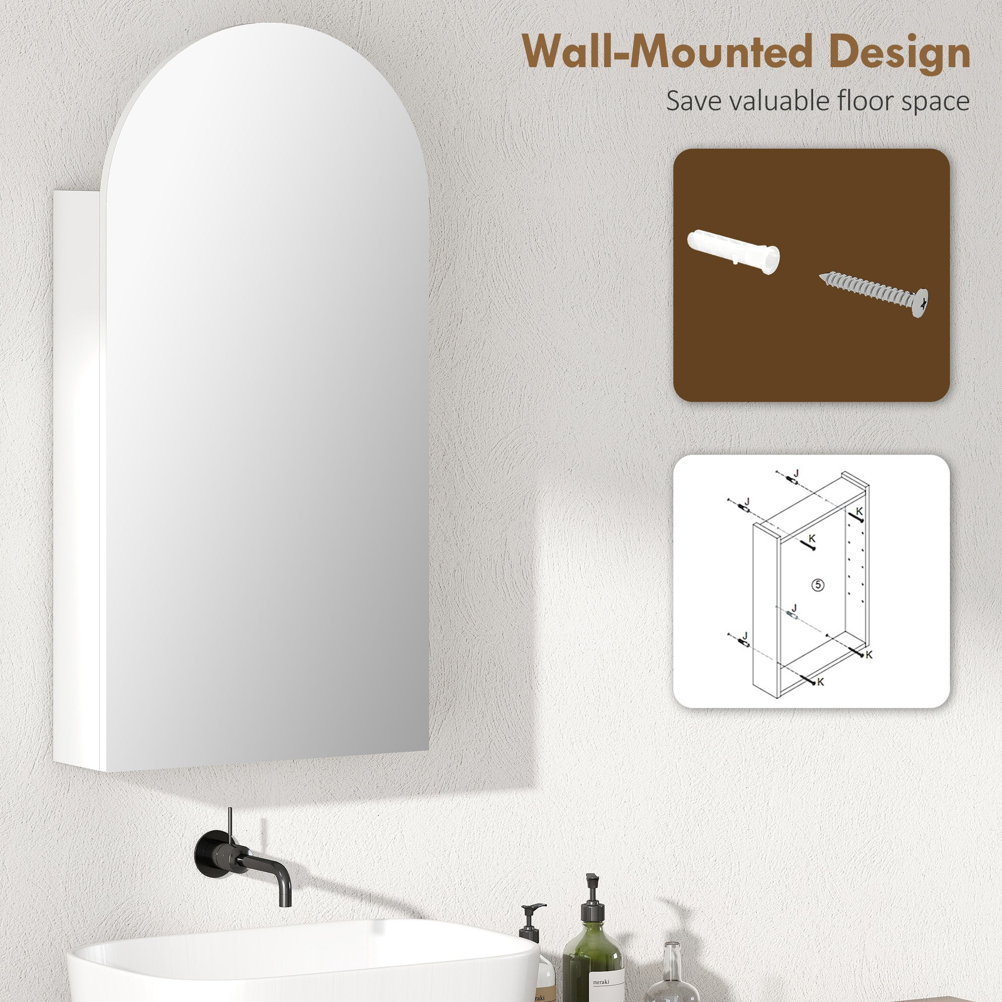 HOMCOM Arched Bathroom Mirror Cabinet with Adjustable Glass Shelves - White