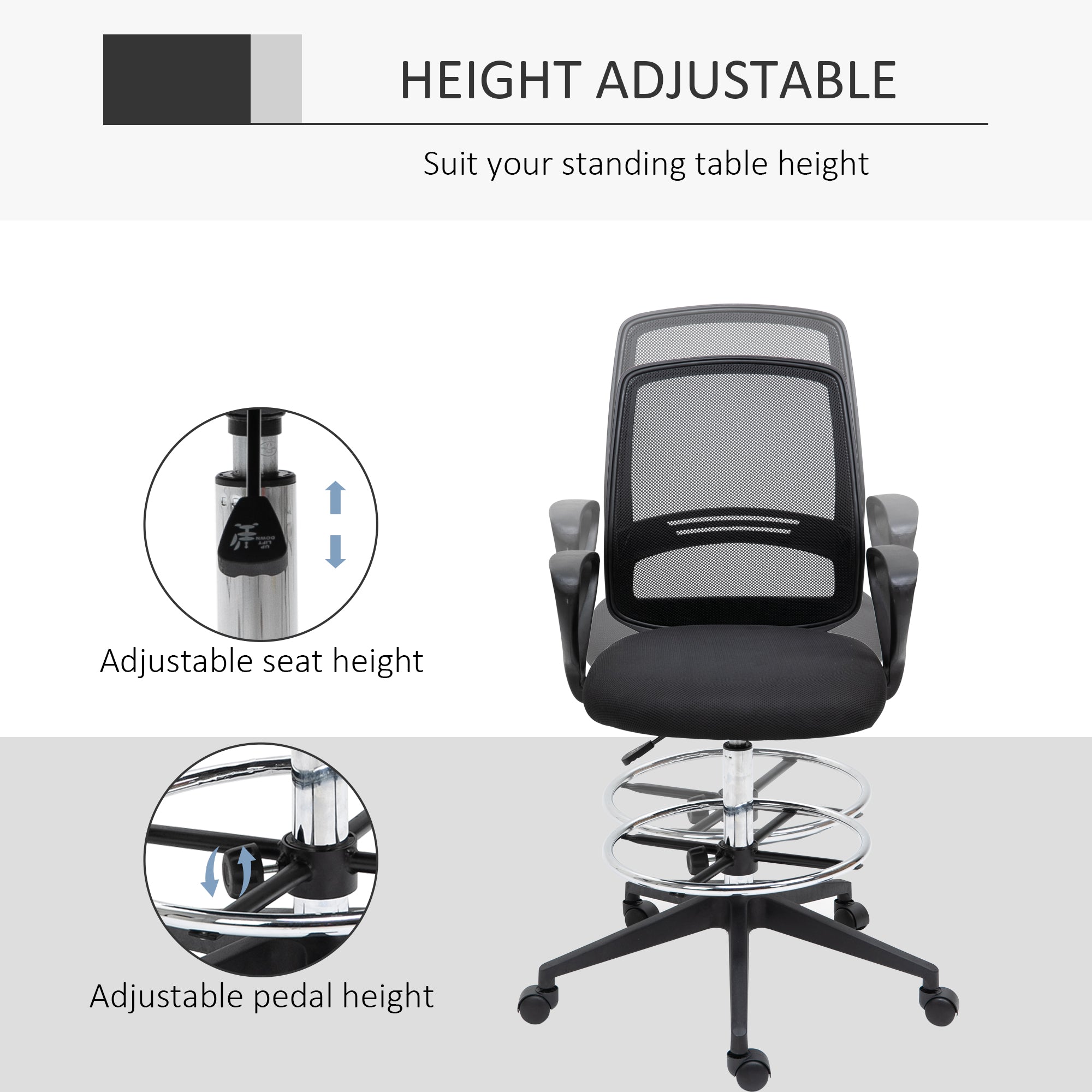Vinsetto Ergonomic Mesh Back Drafting Chair, Tall Office Chair, Draughtsman Chair with Adjustable Height and Footrest 360\'c2\'b0 Swivel, Set of 5