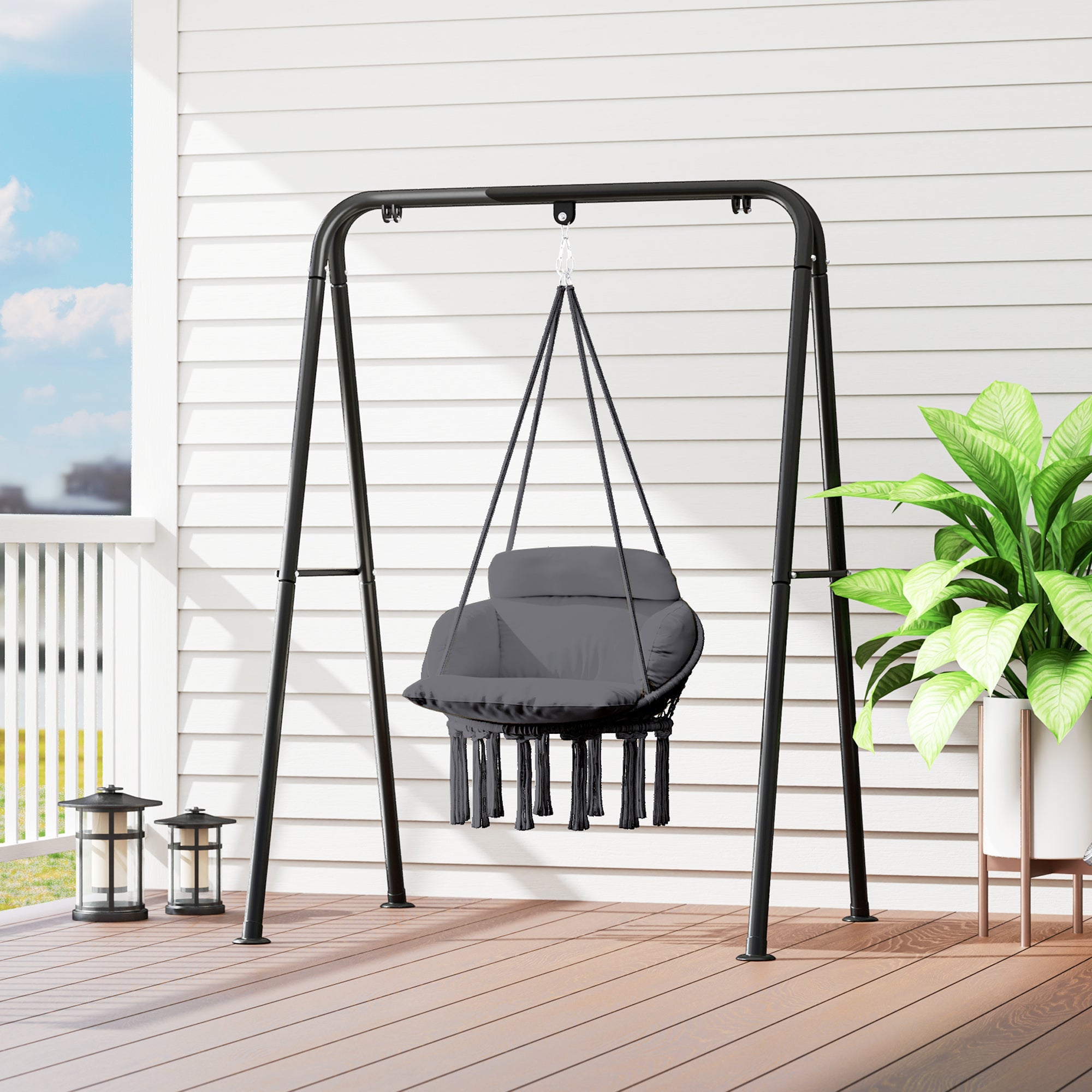 Outsunny Hanging Chair Outdoor Hammock Chair with Soft Cushion, Cotton Rope Boho Style Swing Chair, Hanging Garden Swing Seat for Indoor Outdoor, Dark Grey