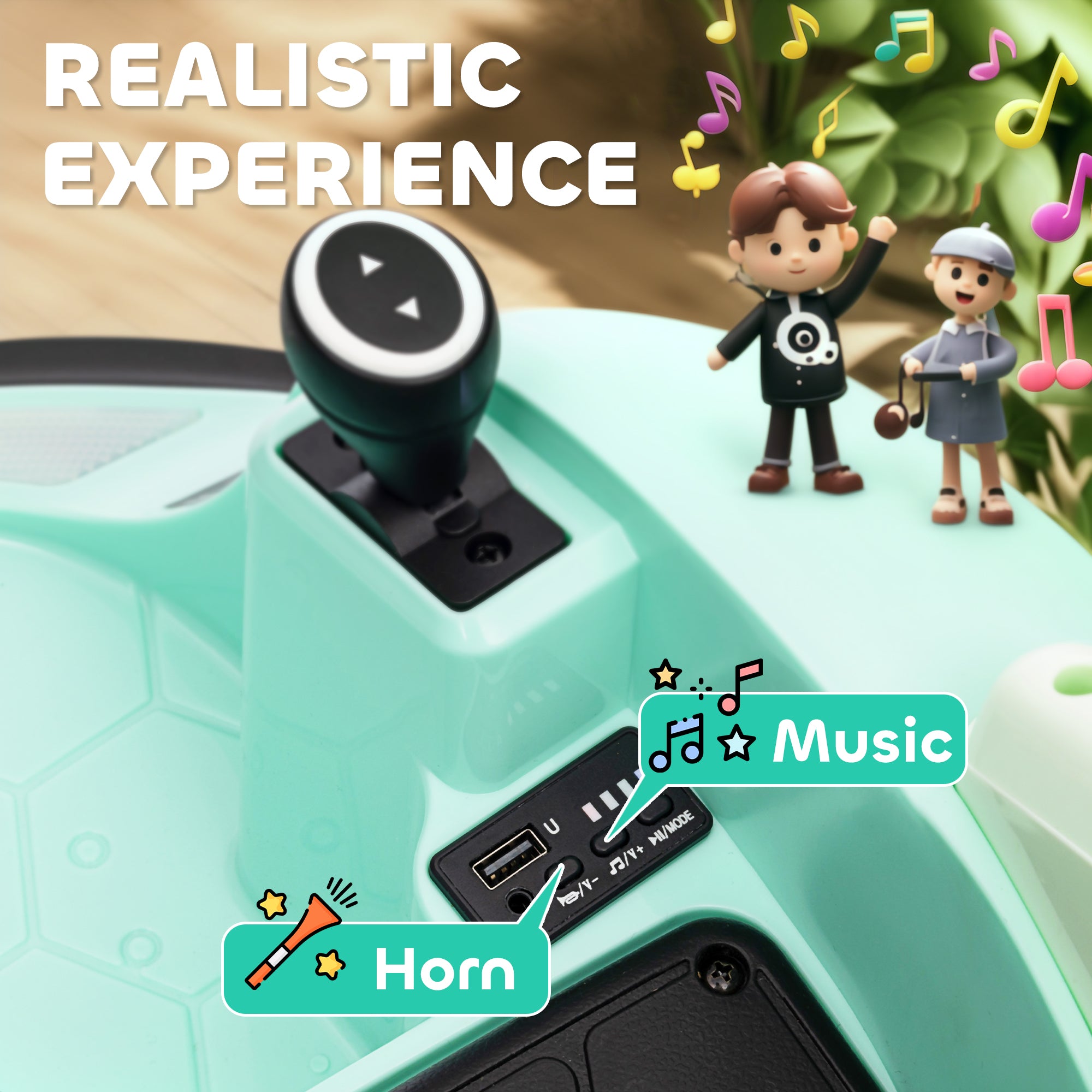 AIYAPLAY 360\'c2\'b0 Rotation Kids Bumper Car, 12V Waltz Car with Remote Control, Dual Joystick, Music, Lights, Green