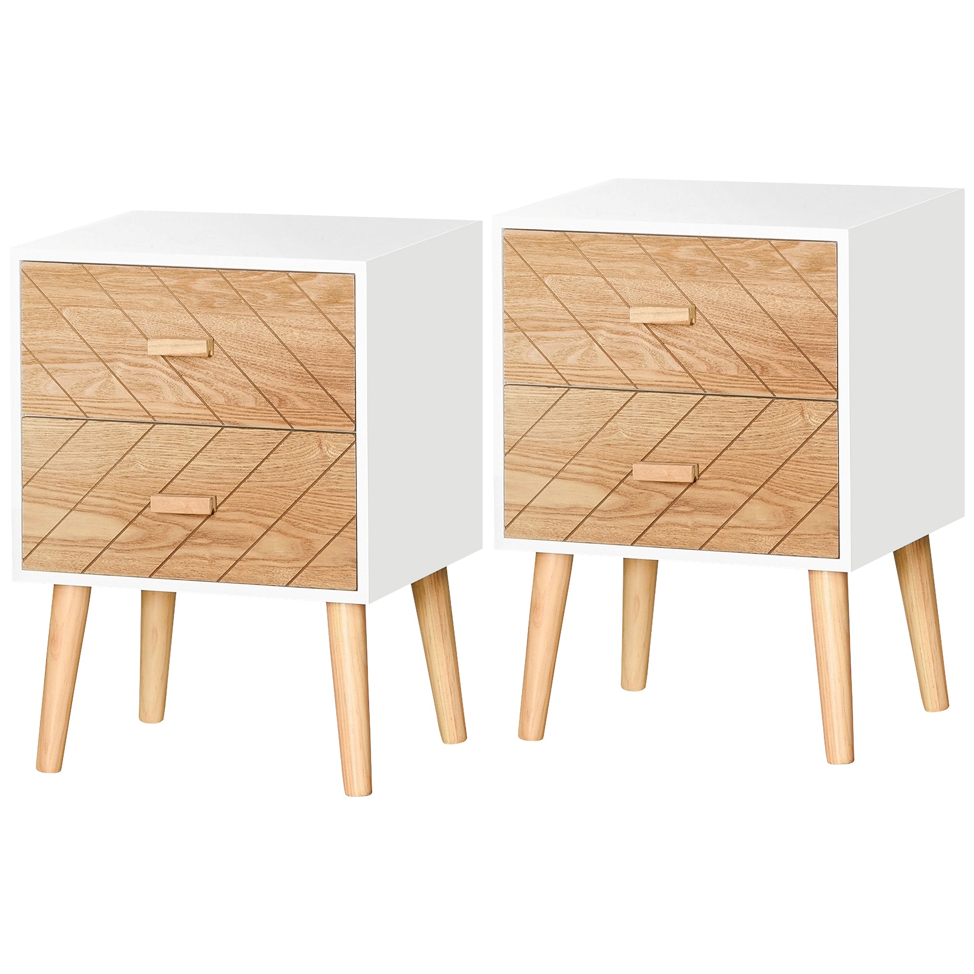 HOMCOM Bedside Table Set of 2, Modern Bedside Cabinets with Drawer and Pine Wood Legs, Nightstand for Bedroom, White and Natural