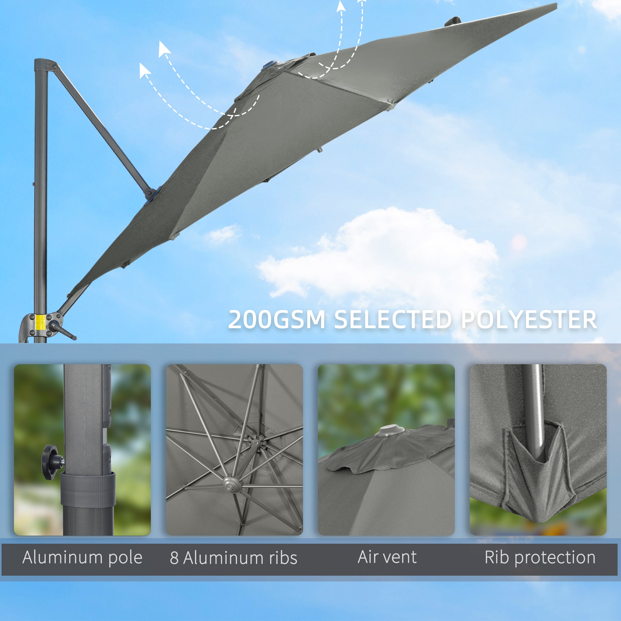 Outsunny 3 x 3(m) Cantilever Parasol with Cross Base, Garden Umbrella with 360\'c2\'b0 Rotation, Crank Handle and Tilt for Outdoor, Patio, Grey