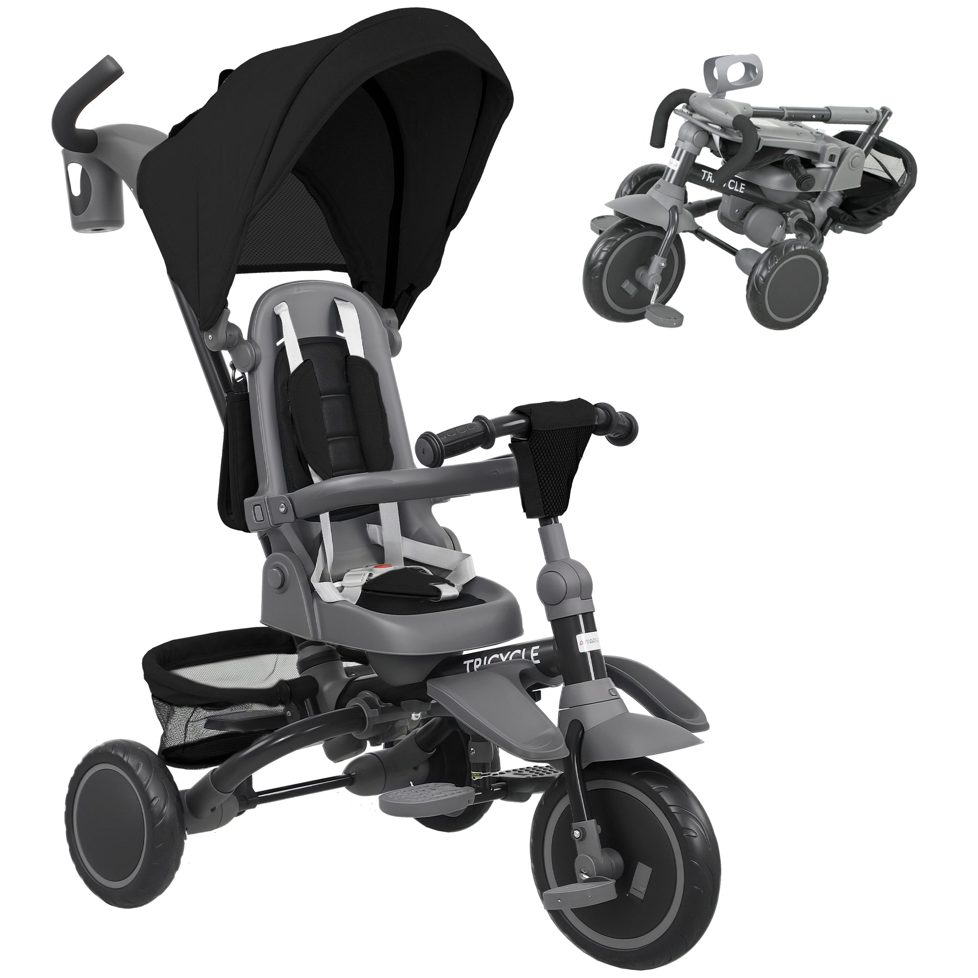 AIYAPLAY 6 in 1 Foldable Kids Trike with Adjustable Parent Handle & Canopy for Ages 1-5, Black