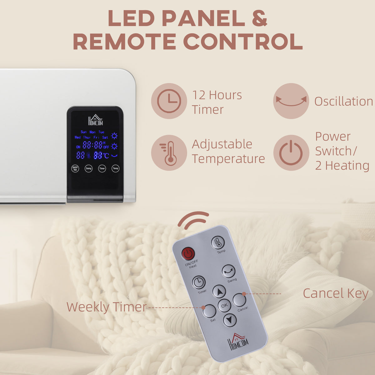 HOMCOM 2kW Wall-Mounted Heater, 18-45°C Temperature - White