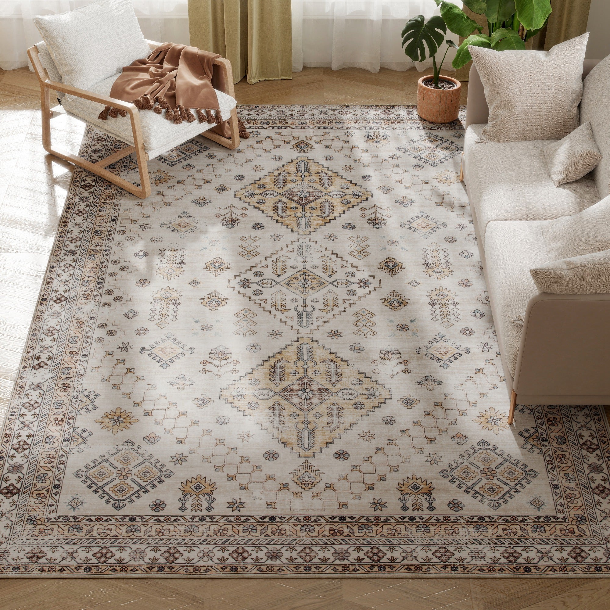 HOMCOM Vintage Area Rug, Non-Slip Washable Rug, Flannel Floor Carpet for Living Room, Bedroom, Dining Room, Home Office, 290 x 200 cm, Beige