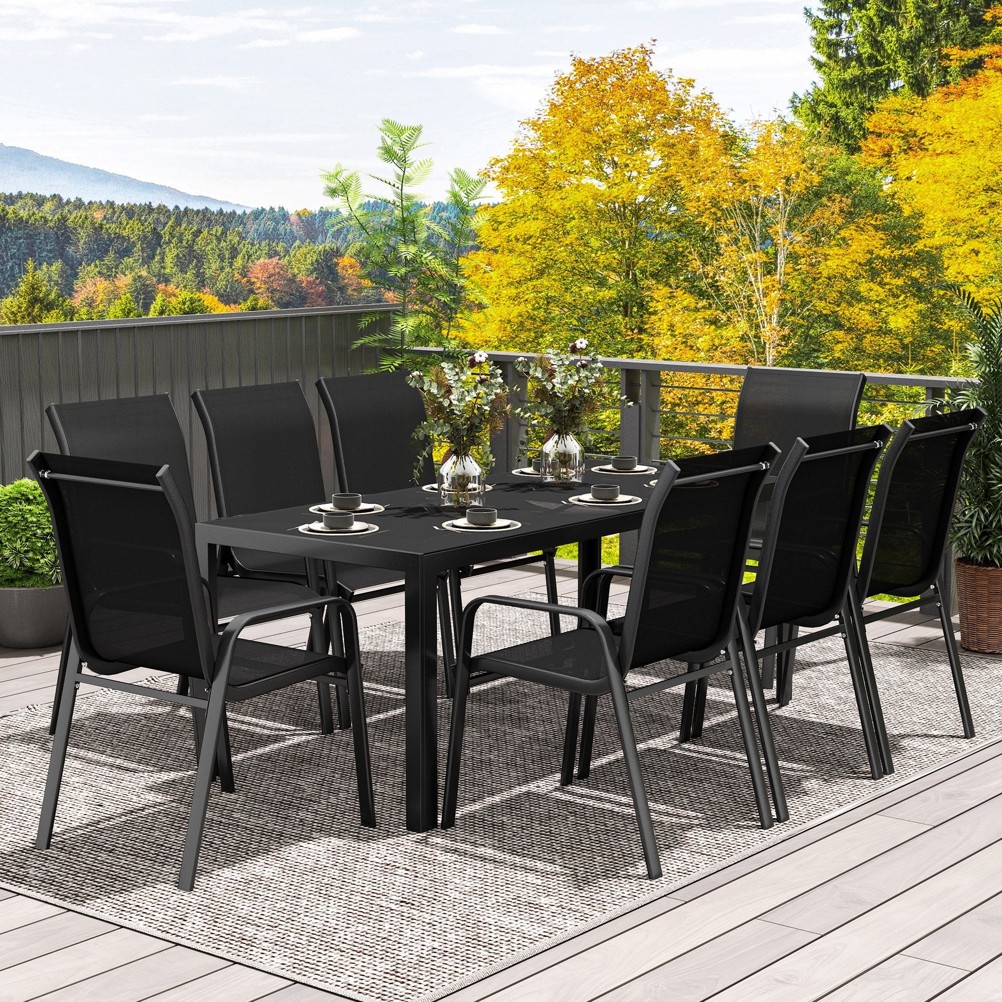 Outsunny 8 Seater Garden Dining Set with Stacking Chairs, Rectangular Tempered Glass Top, Garden Furniture Set, Outdoor Dining Table and Chairs for Patio, Balcony, Poolside, Black