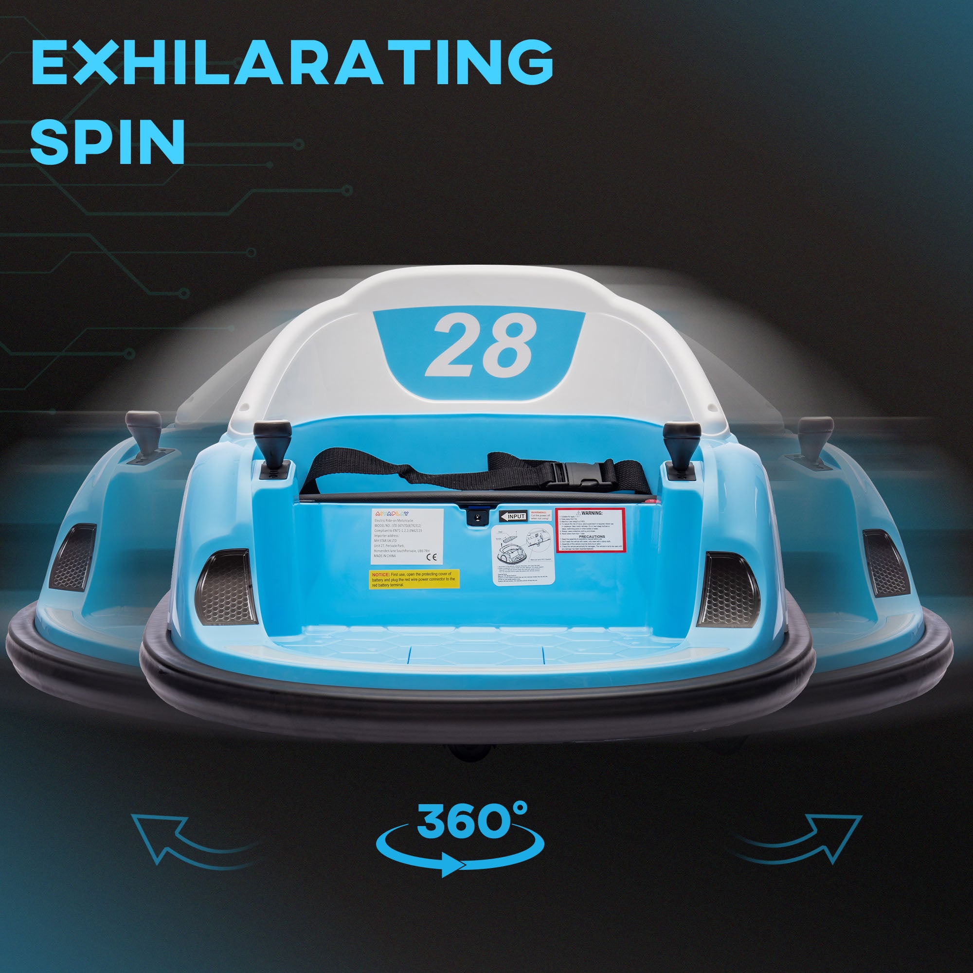 AIYAPLAY 360\'c2\'b0 Rotation Kids Bumper Car, 12V Waltz Car with Remote Control, Dual Joystick, Music, Lights, Light Blue