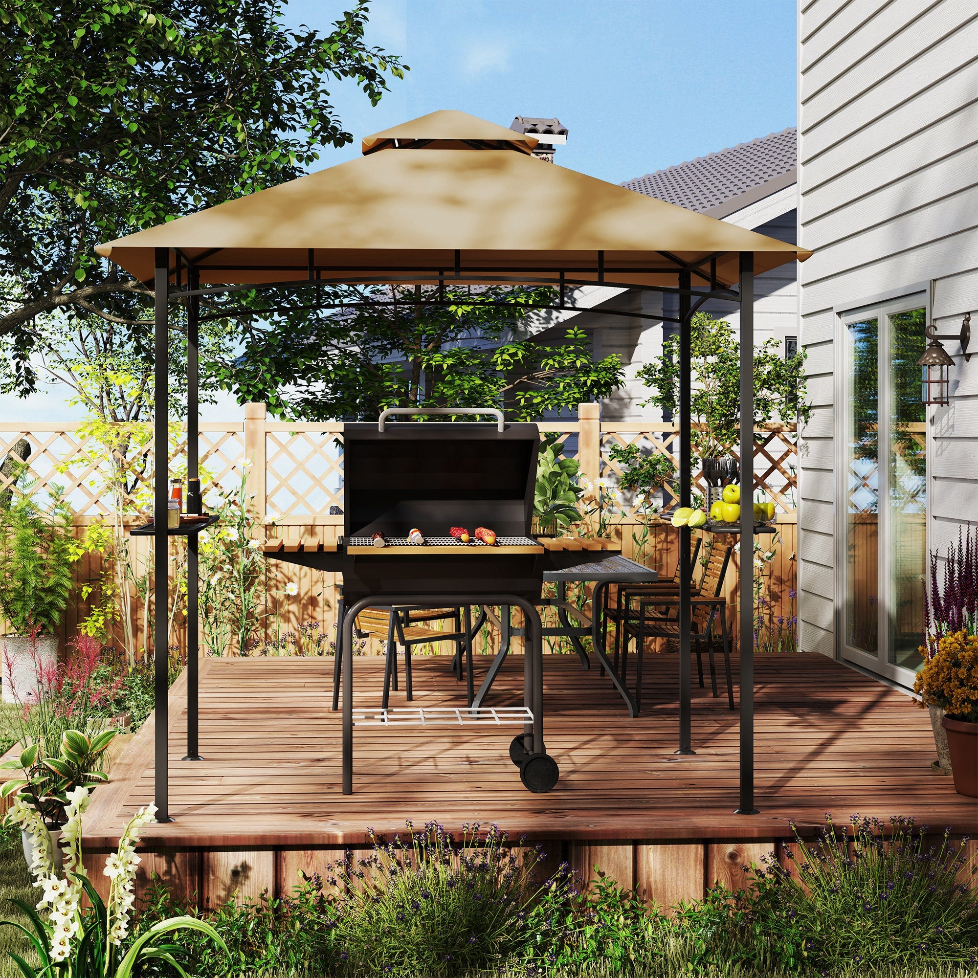 Outsunny 2.5M (8ft) New Double-Tier BBQ Gazebo Shelter Grill Canopy Barbecue Tent Shelter Patio Deck Cover - Khaki