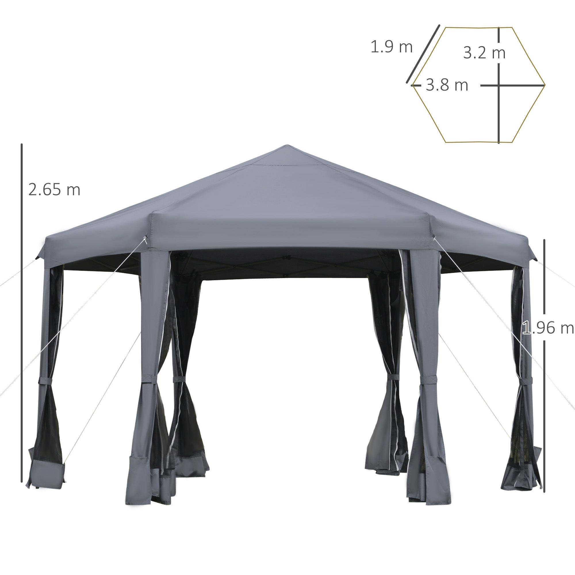 Outsunny 3.8m x 3.2m Pop Up Gazebo Hexagonal Canopy Tent Outdoor Sun Protection with 6 Mesh Sidewalls, Hand Bag, Grey