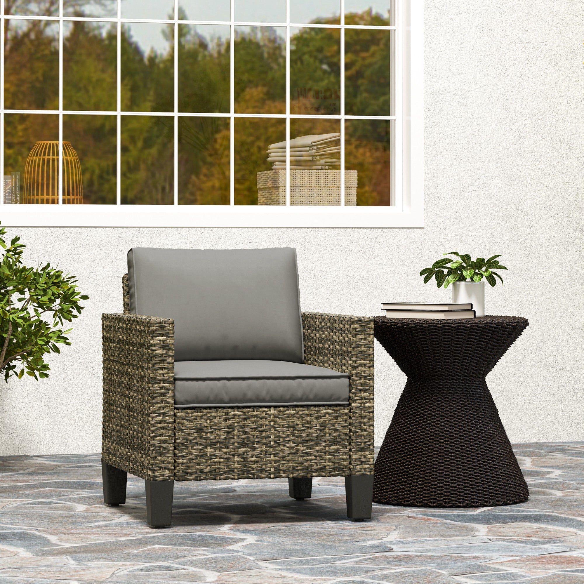 Outsunny Single Rattan Armchair, with Cushions - Mixed Grey