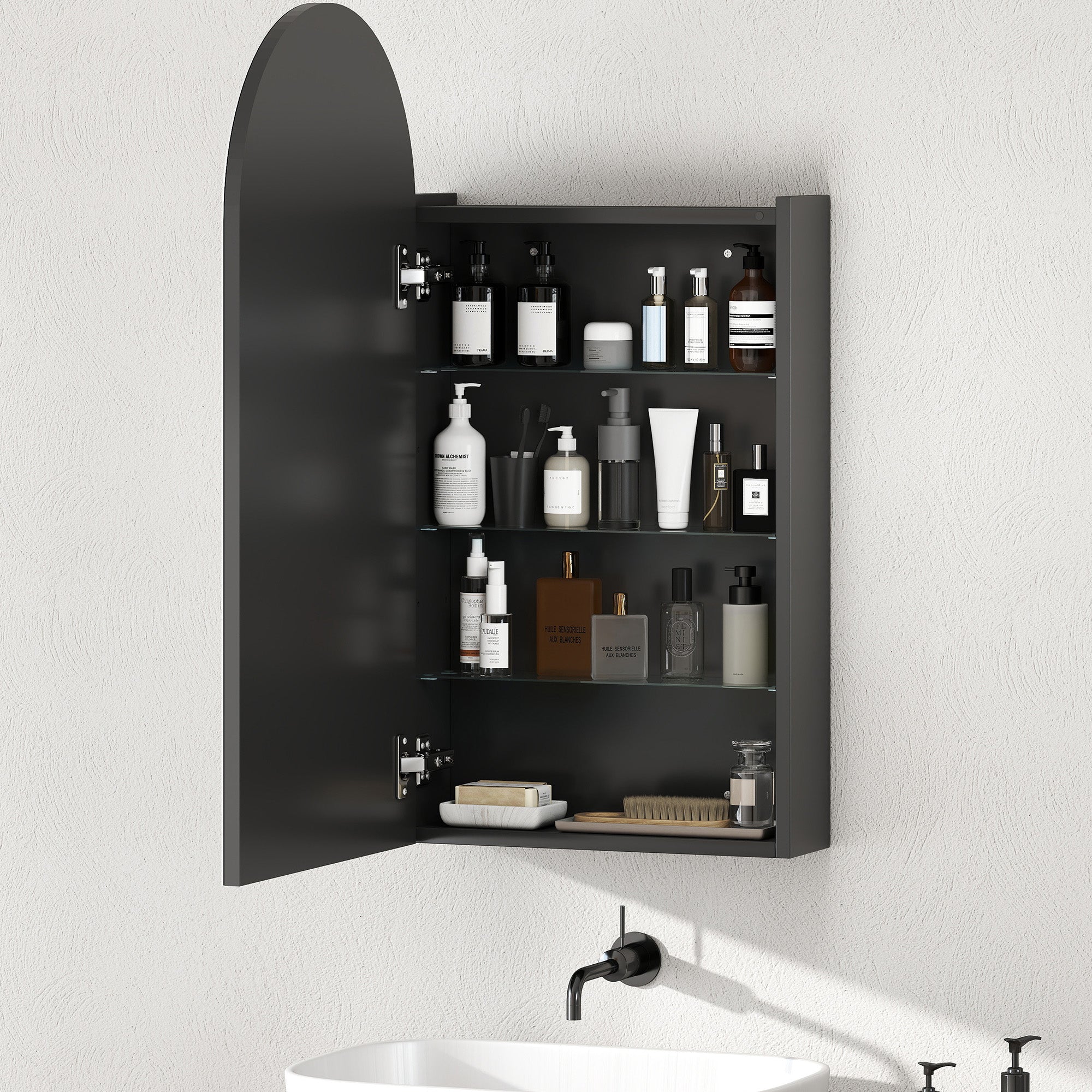 HOMCOM Arched Bathroom Mirror Cabinet with Adjustable Glass Shelves - Black