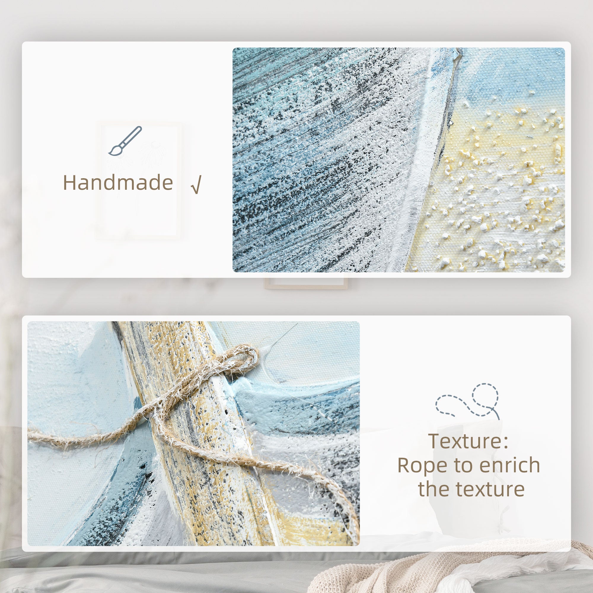 HOMCOM Hand-Painted Canvas Wall Art Blue Boat in the Beach, Wall Pictures for Living Room Bedroom Decor, 90 x 90 cm