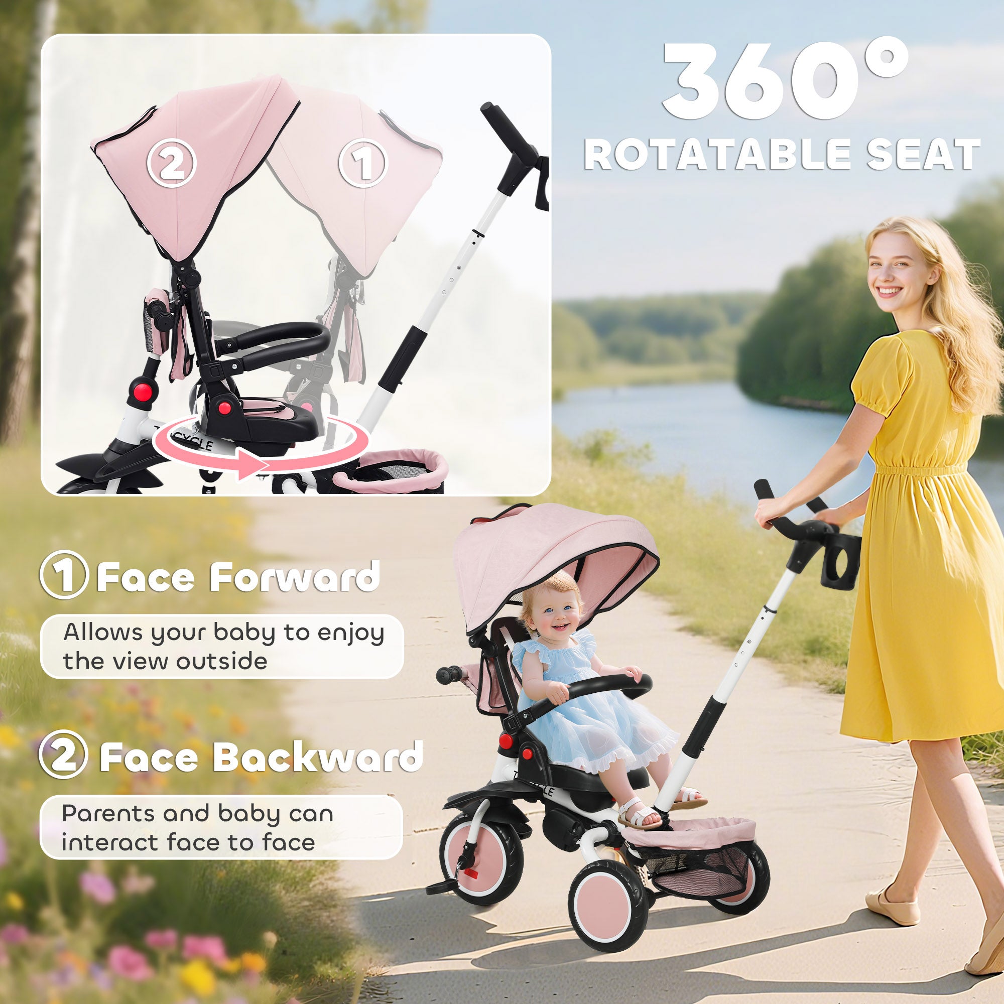 AIYAPLAY 6 in 1 Foldable Kids Trike with Adjustable Parent Handle & Canopy for Ages 1-5, Pink