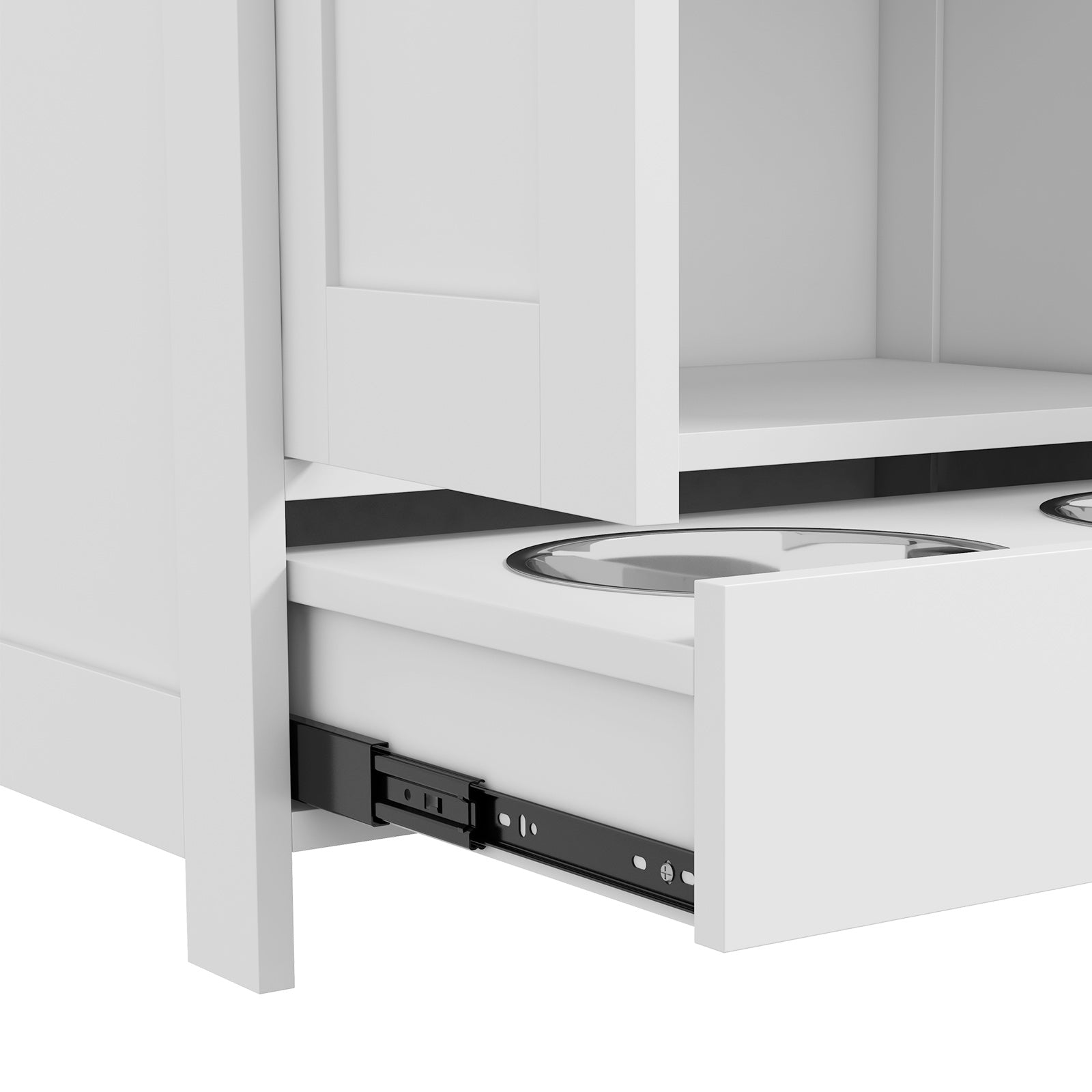 PawHut Pet Feeding Station with Raised Dog Bowls, Adjustable Panel, Hooks, Dog Food Storage Cabinet, White