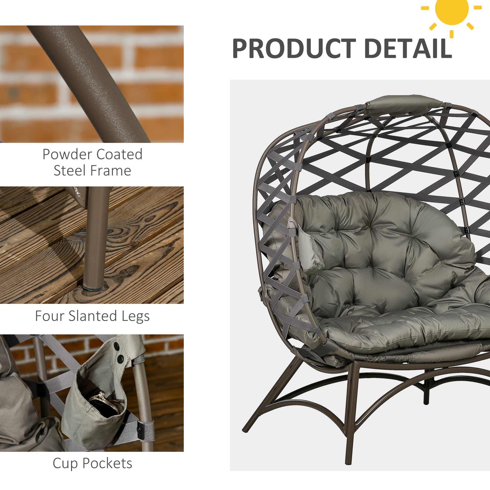 Outsunny 2 Seater Egg Chair Outdoor, Folding Weave Garden Furniture Chair with Cushion, Cup Pockets - Sand Brown