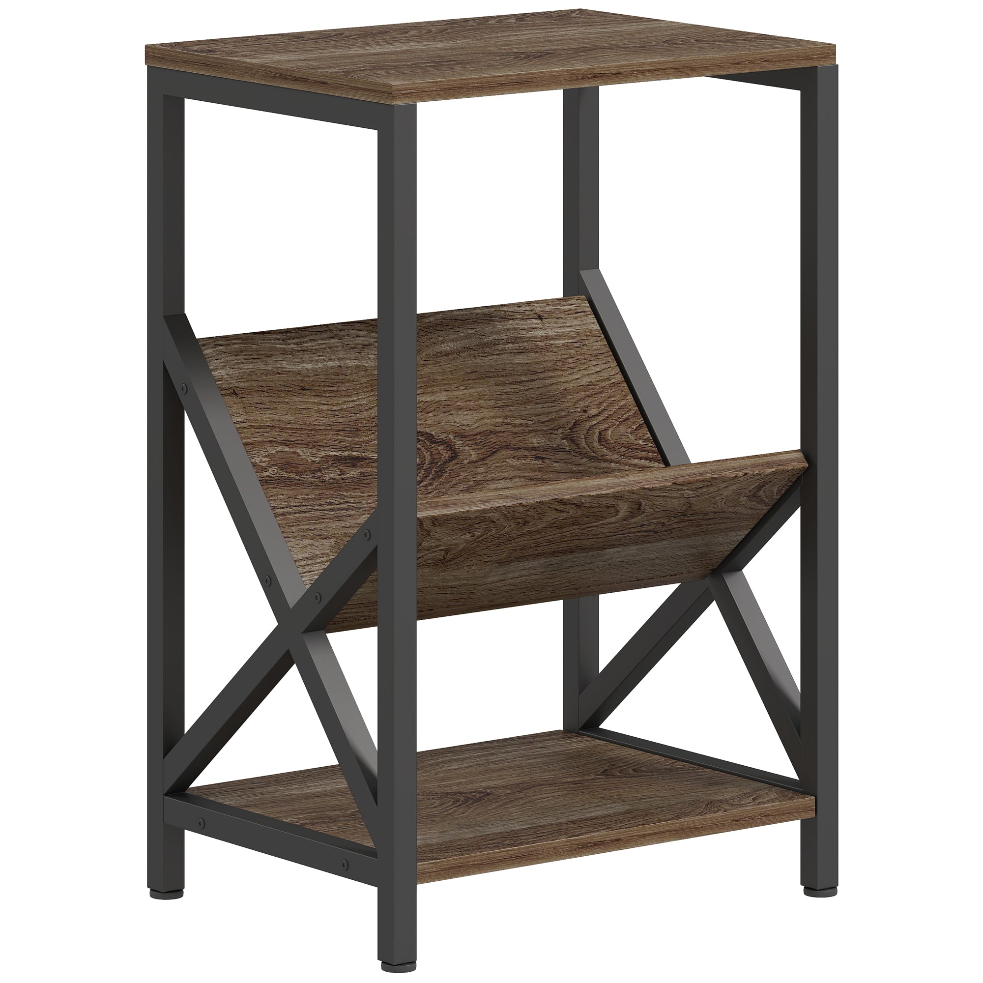HOMCOM Narrow Side Table, End Table with 3-Tier Storage, V-Shaped Magazine Holder for Living Room, Bedroom, 40 x 30 x 61cm, Oak