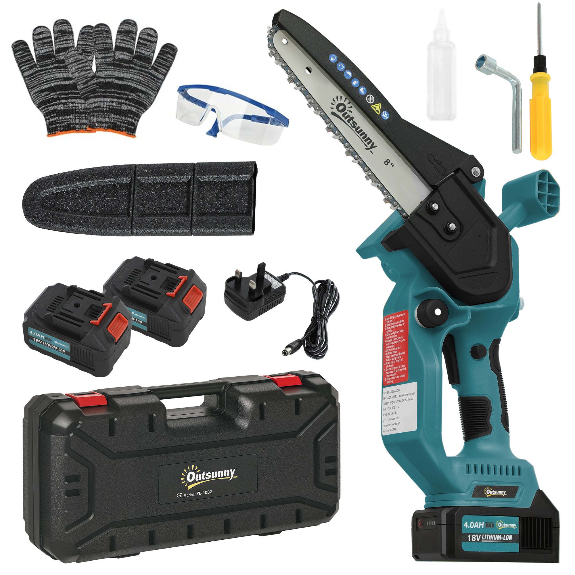 Outsunny 8 Inch Electric Chainsaw, Cordless Chain Saw with Brushless Motor, 2 4.0Ah Batteries and Safety Lock, Handheld Portable Wood Pruning Saw for Trimming Cutting, Blue