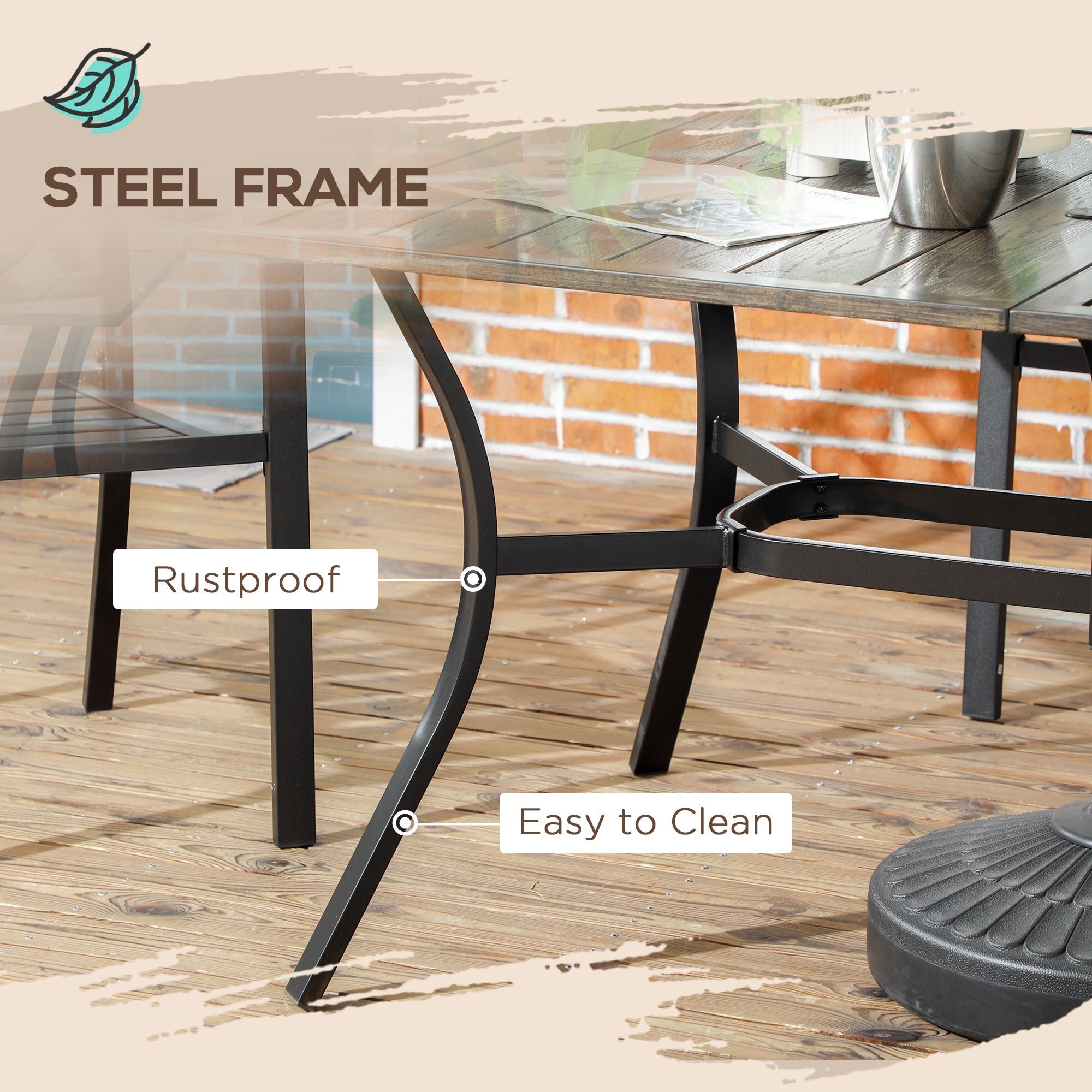 Outsunny Six-Seater Steel Garden Table, with \'e2\'8c\'8041mm Parasol Hole - Wood-Effect