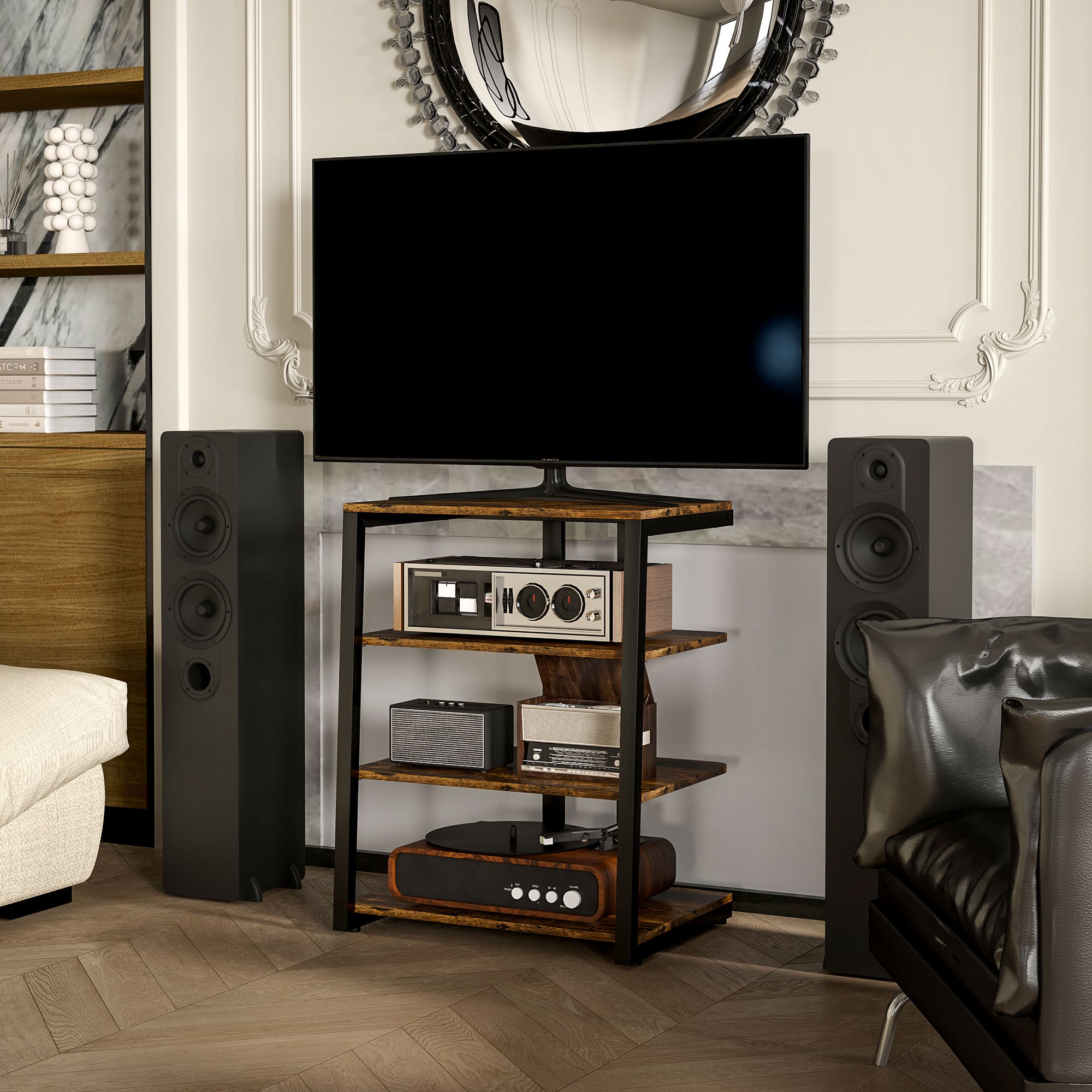 HOMCOM HiFi Stand, with Four Storage Shelves - Rustic Brown
