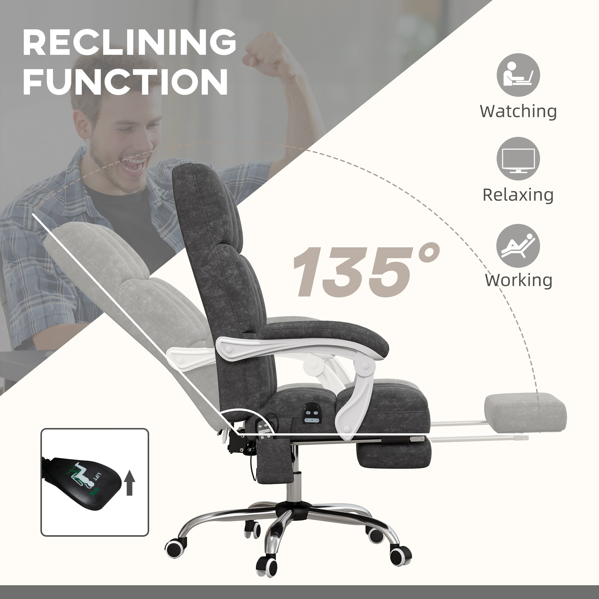 Vinsetto Massage Office Chair, Ergonomic Desk Chair, Comfy Work Study Chair with Heat, Padded Seat, 135\'c2\'b0 Reclining Back and Footrest for Home Office, Charcoal Grey