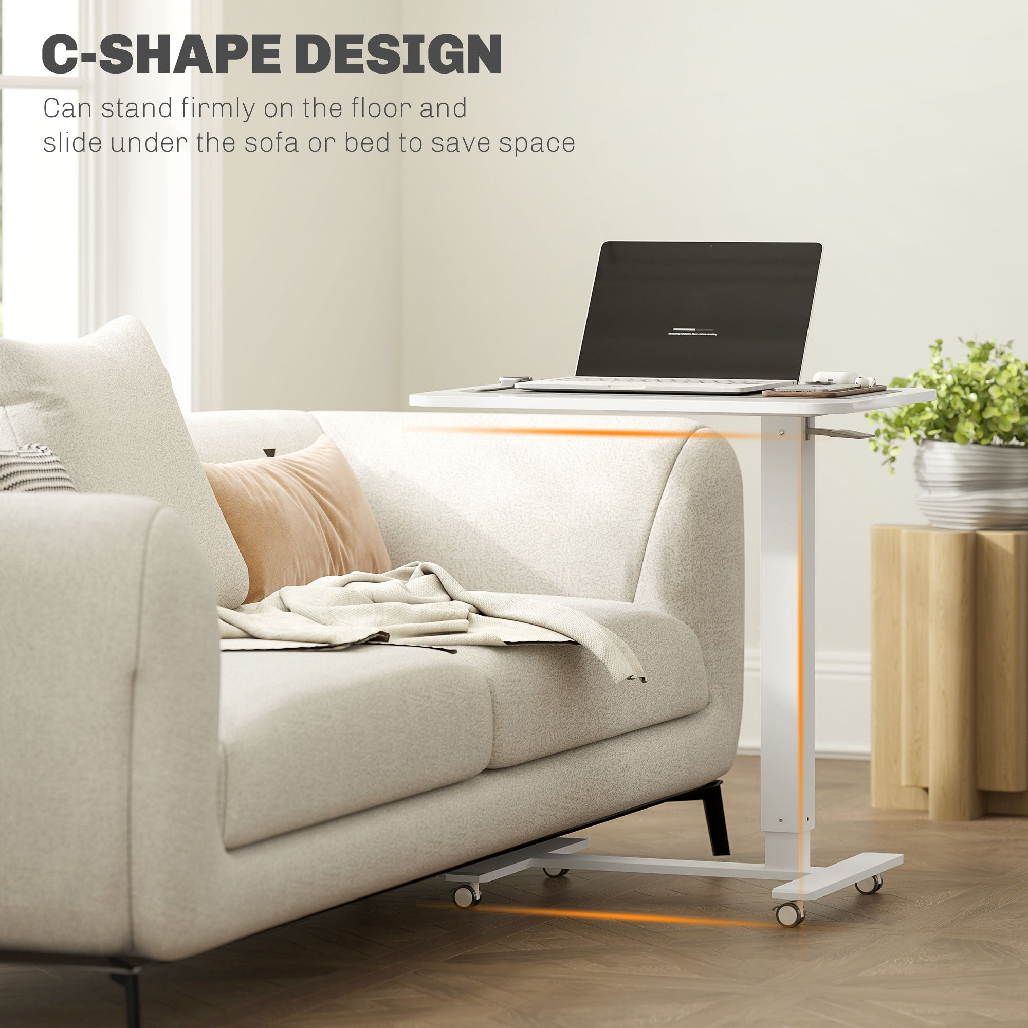 HOMCOM Height Adjustable Standing Desk, Pneumatic Sit Stand Desk for Laptop, Mobile Overbed Table with Wheels for Home Office, White