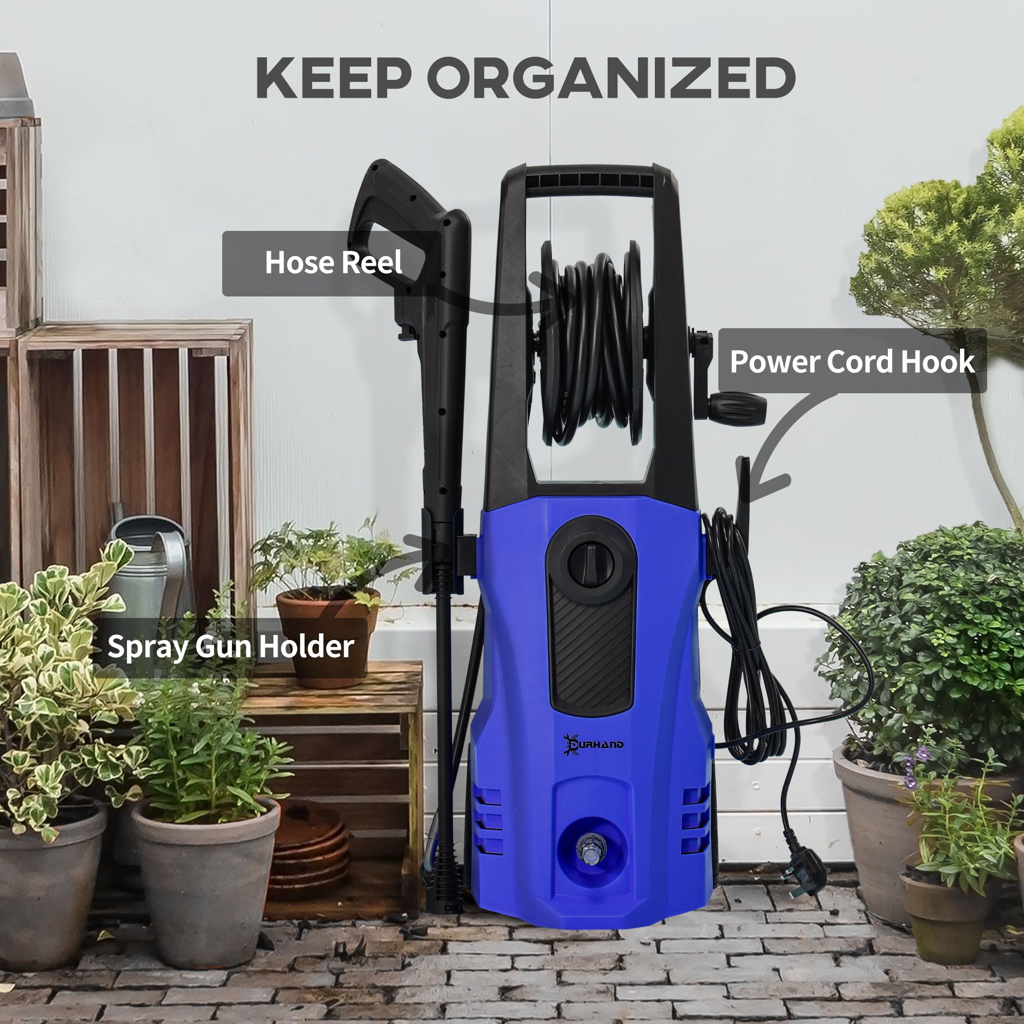 DURHAND 1800W High\'c2\'a0Pressure\'c2\'a0Washer, 150 Bar Pressure, 510 L/h Flow, High-Performance Portable Power Jet Wash Cleaner Blue