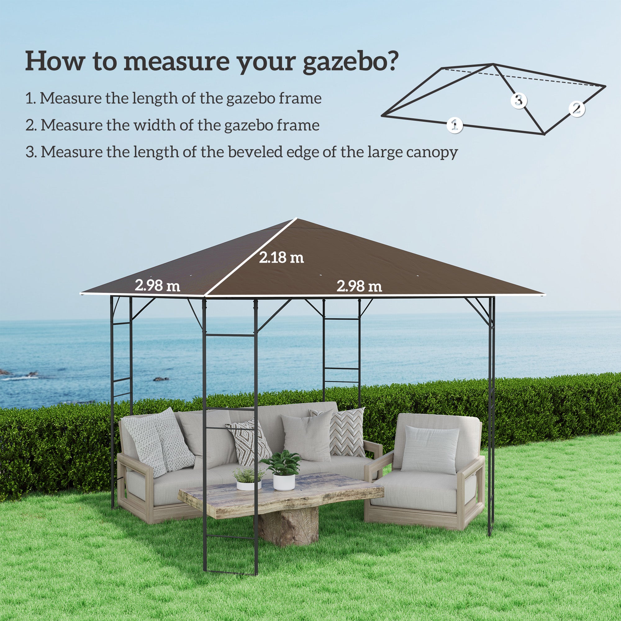 Outsunny 3 x 3(m) Gazebo Canopy Replacement Cover, Garden Gazebo Roof Replacement with Drain Holes, Water-resistant Plastic Coating, 370g/\'e3\'8e\'a1, UPF30+, TOP COVER ONLY, Brown
