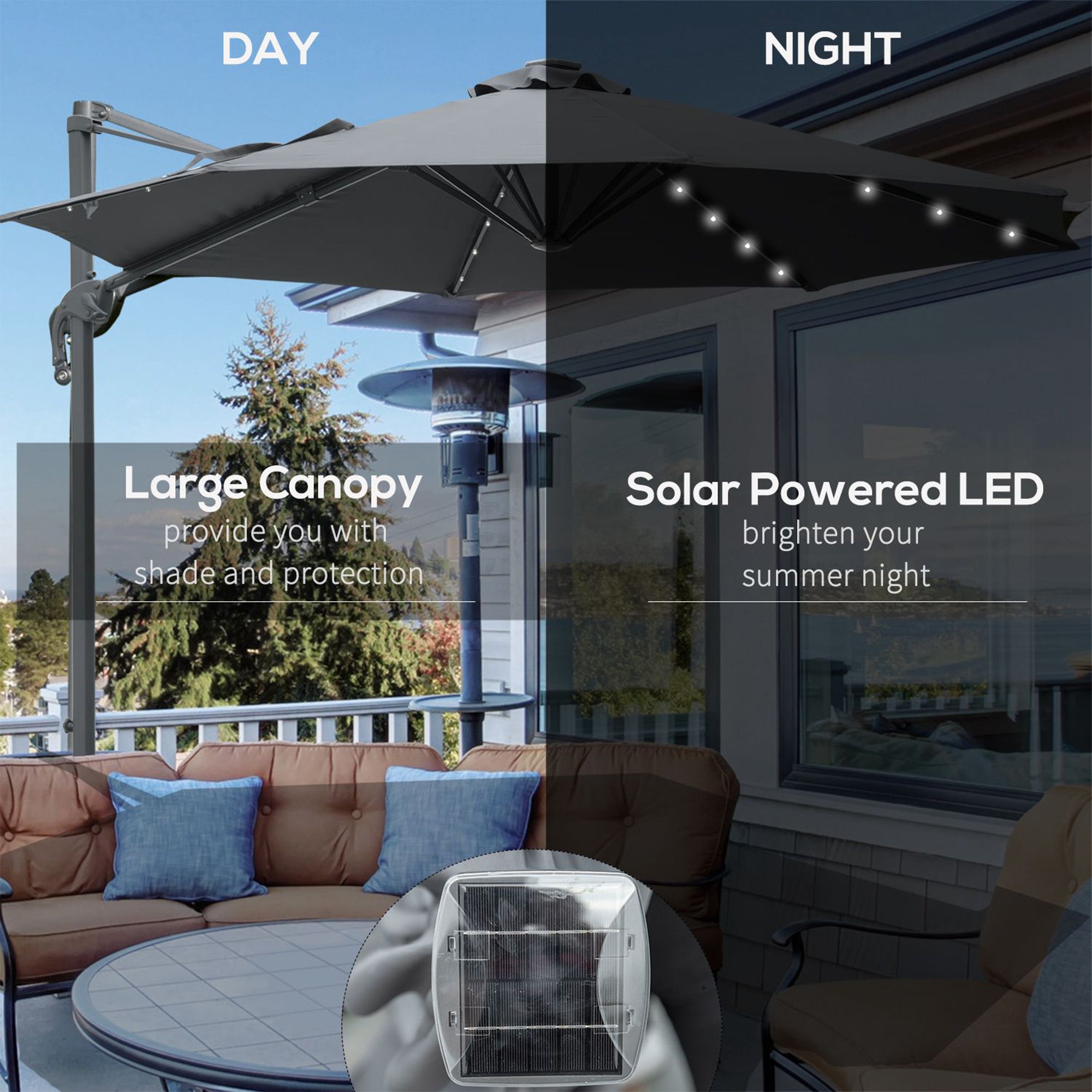 Outsunny 3(m) Cantilever Roma Parasol Patio Sun Umbrella with Crank & Tilt LED Solar Light Cross Base 360\'c2\'b0 Rotating Outdoor, Dark Grey