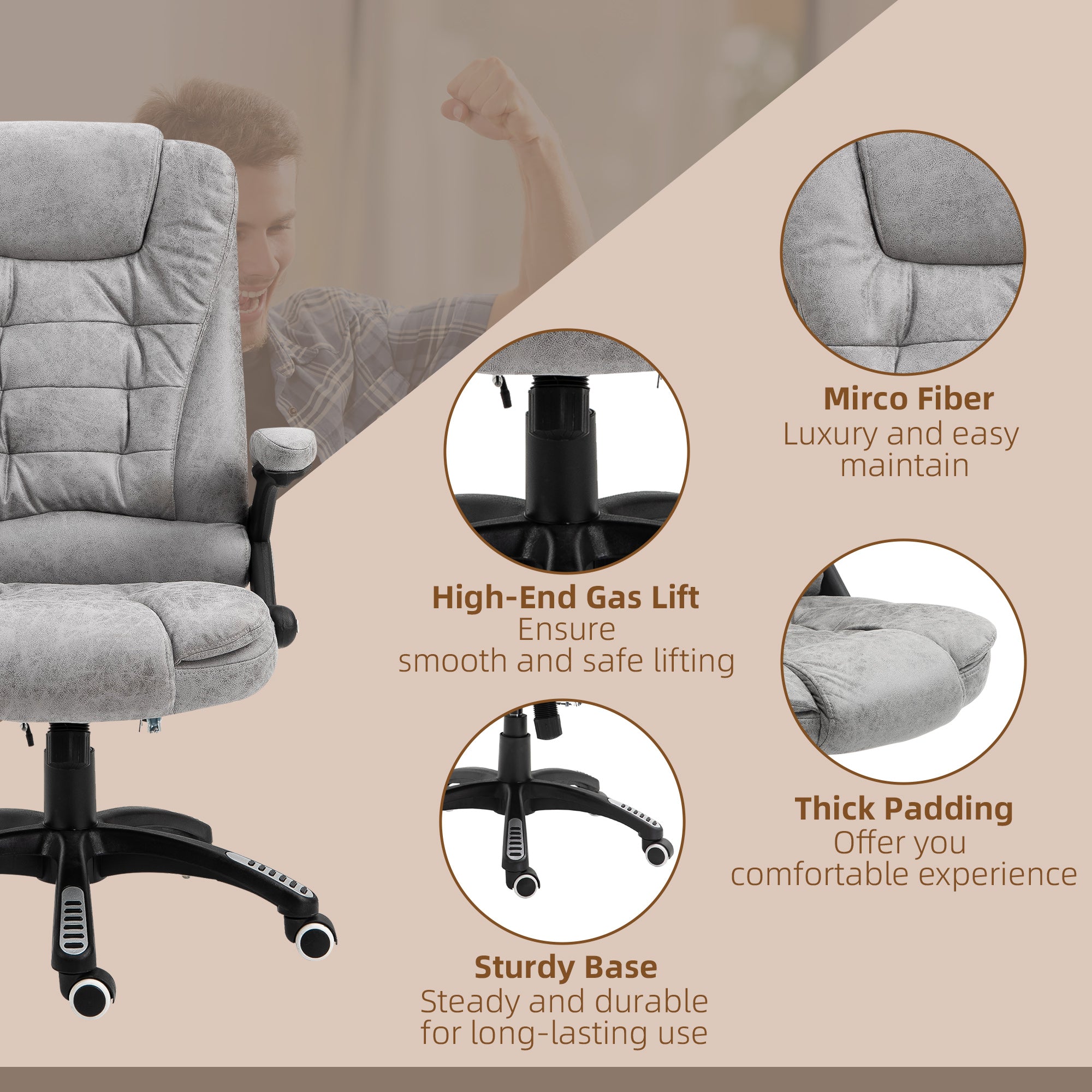 Vinsetto Massage Recliner Chair Heated Office Chair with Six Massage Points Microfiber Cloth 360\'c2\'b0 Swivel Wheels Grey