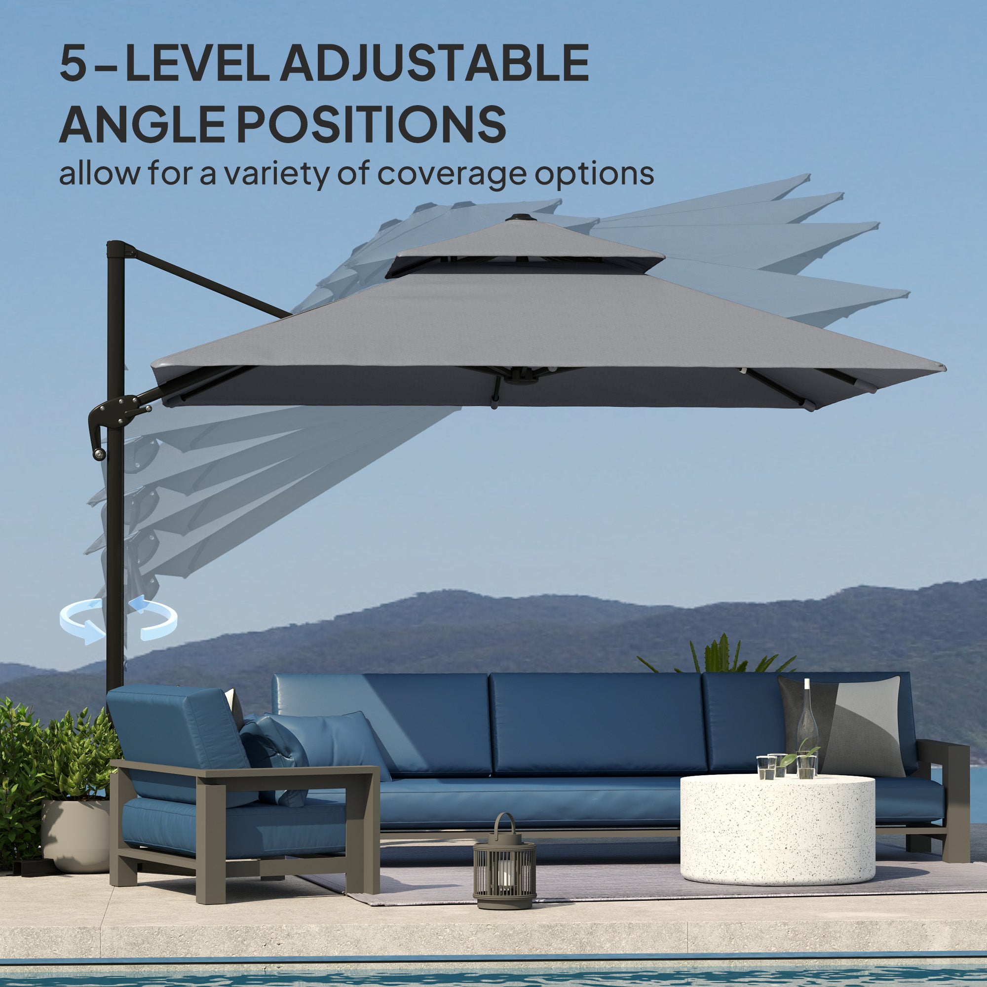 Outsunny 3 x 3(m) Cantilever Parasol with Aluminium Frame, Crank and Tilt, 360\'c2\'b0 Rotation, Double Top Garden Umbrella with Base and Cover, Light Grey