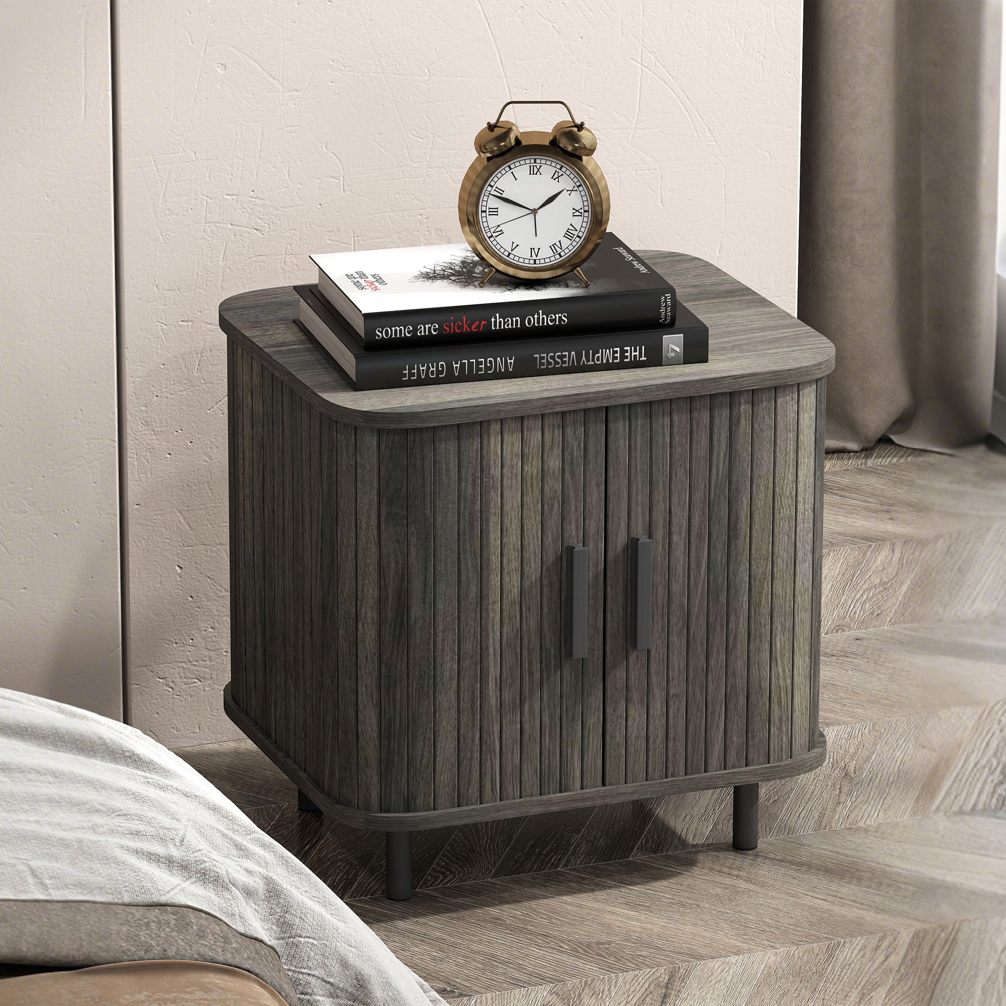 HOMCOM Bedside Table, Nordic Side Table with Roller Shutter Style Sliding Doors and Metal Legs for Bedroom, Living Room, Grey