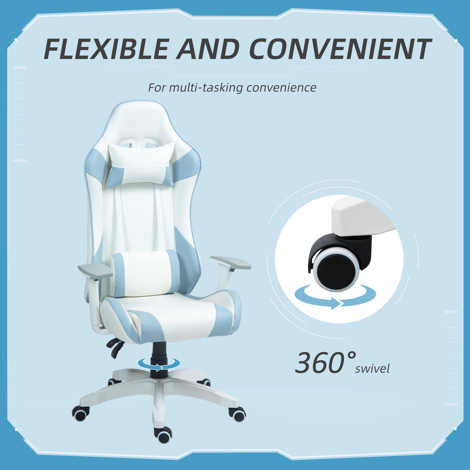 HOMCOM Faux Leather Colour Block Gaming Chair, with 135\'c2\'b0 Reclining Back - Blue/White