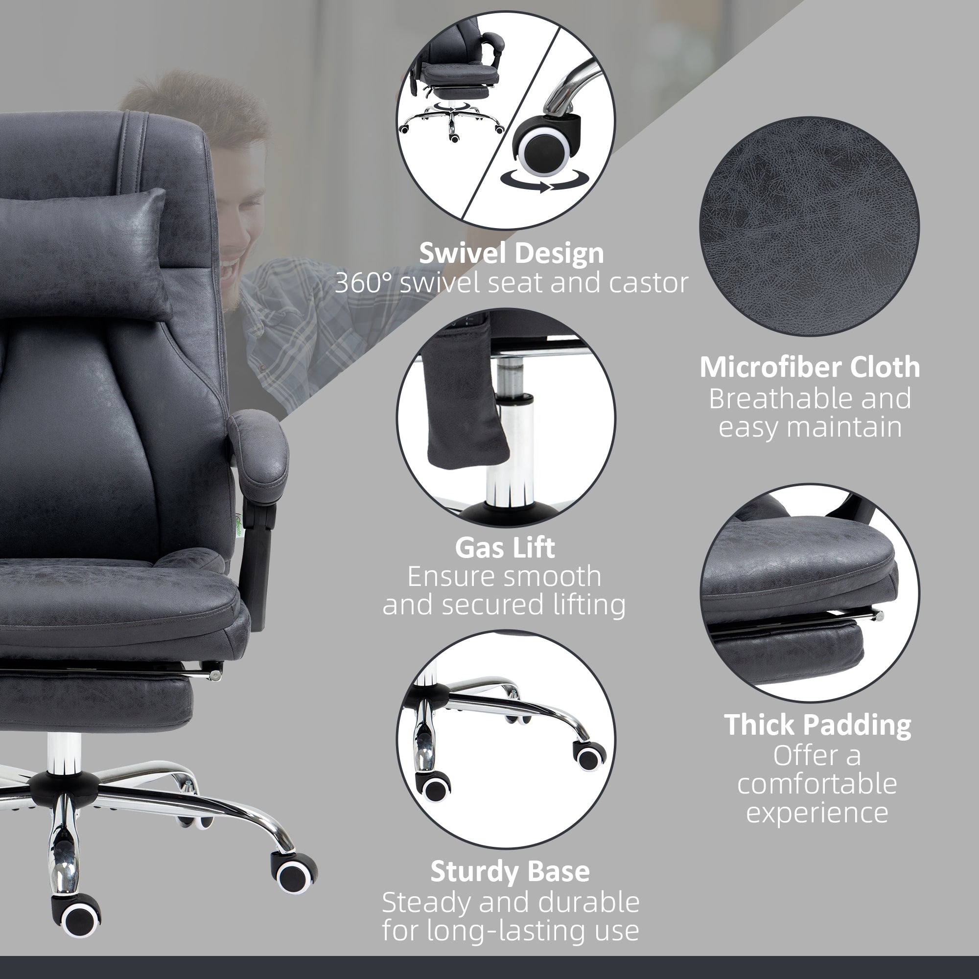 Vinsetto Office Chair with Lumbar Massage, 135\'c2\'b0 Reclining Computer Chair with Adjustable Headrest, Retractable Footrest, 10cm Double Padded Seat, Microfiber Fabric, Metal Base, Dark Grey