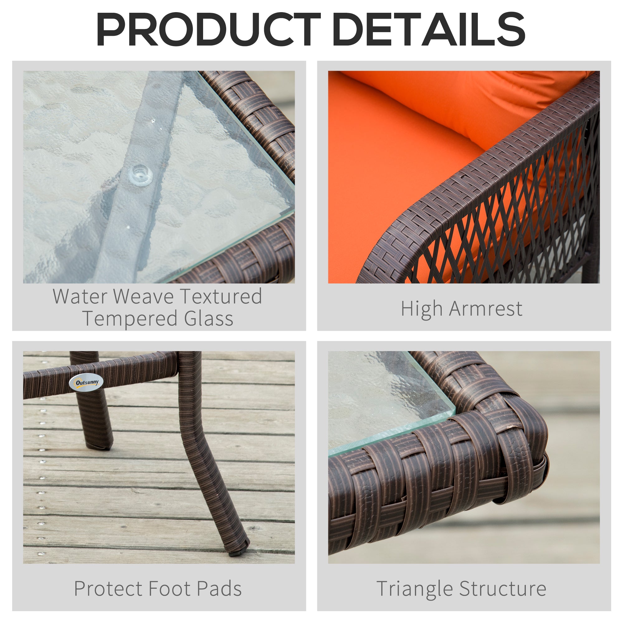 Outsunny 3 Pieces Rattan Bistro Set with Glass Top Coffee Table, Chairs and Cushions for Outdoor, Patio, Balcony, Orange