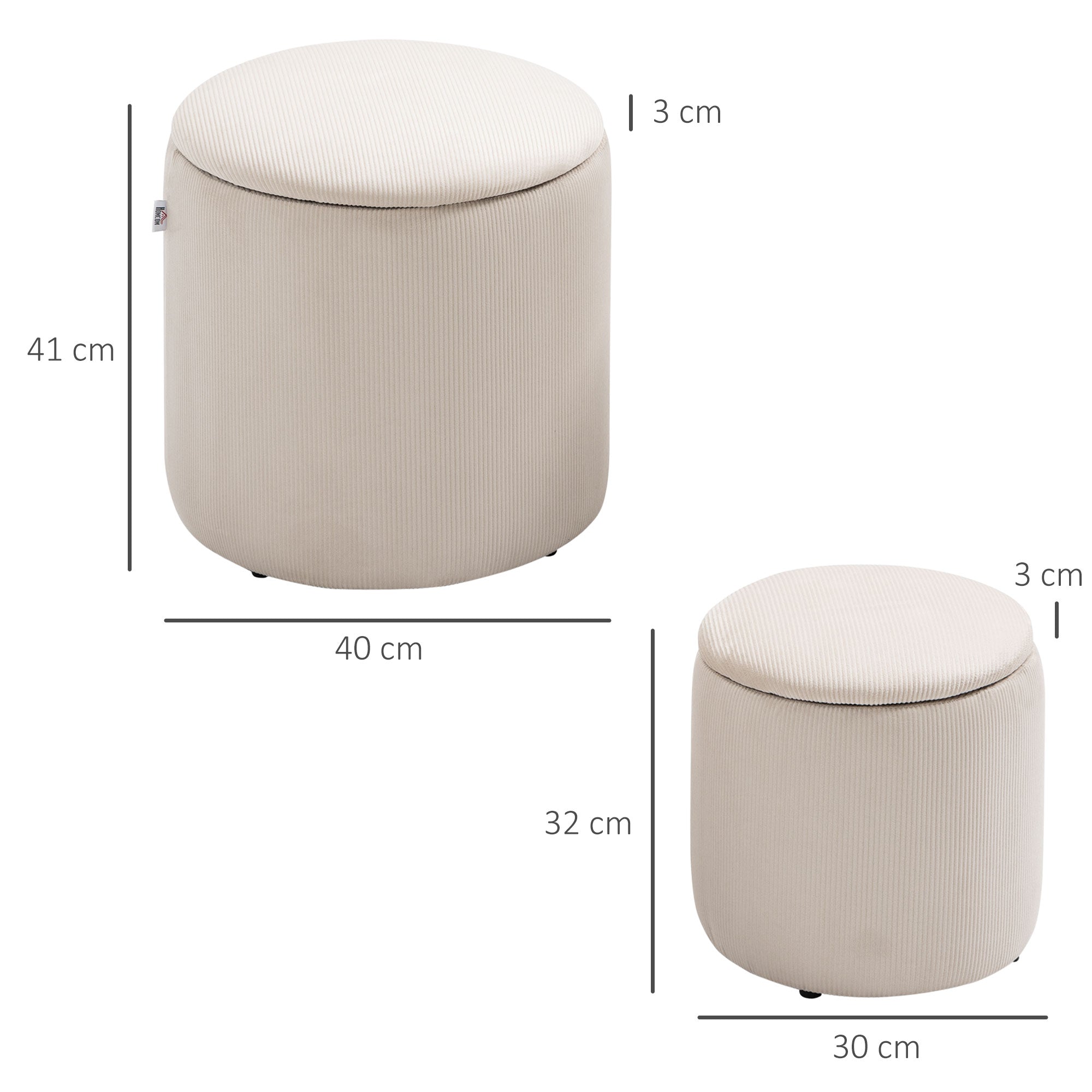 HOMCOM Modern Storage Ottoman with Removable Lid, Fabric Storage Stool, Foot Stool, Dressing Table Stool Side Table, Set of 2, Cream White