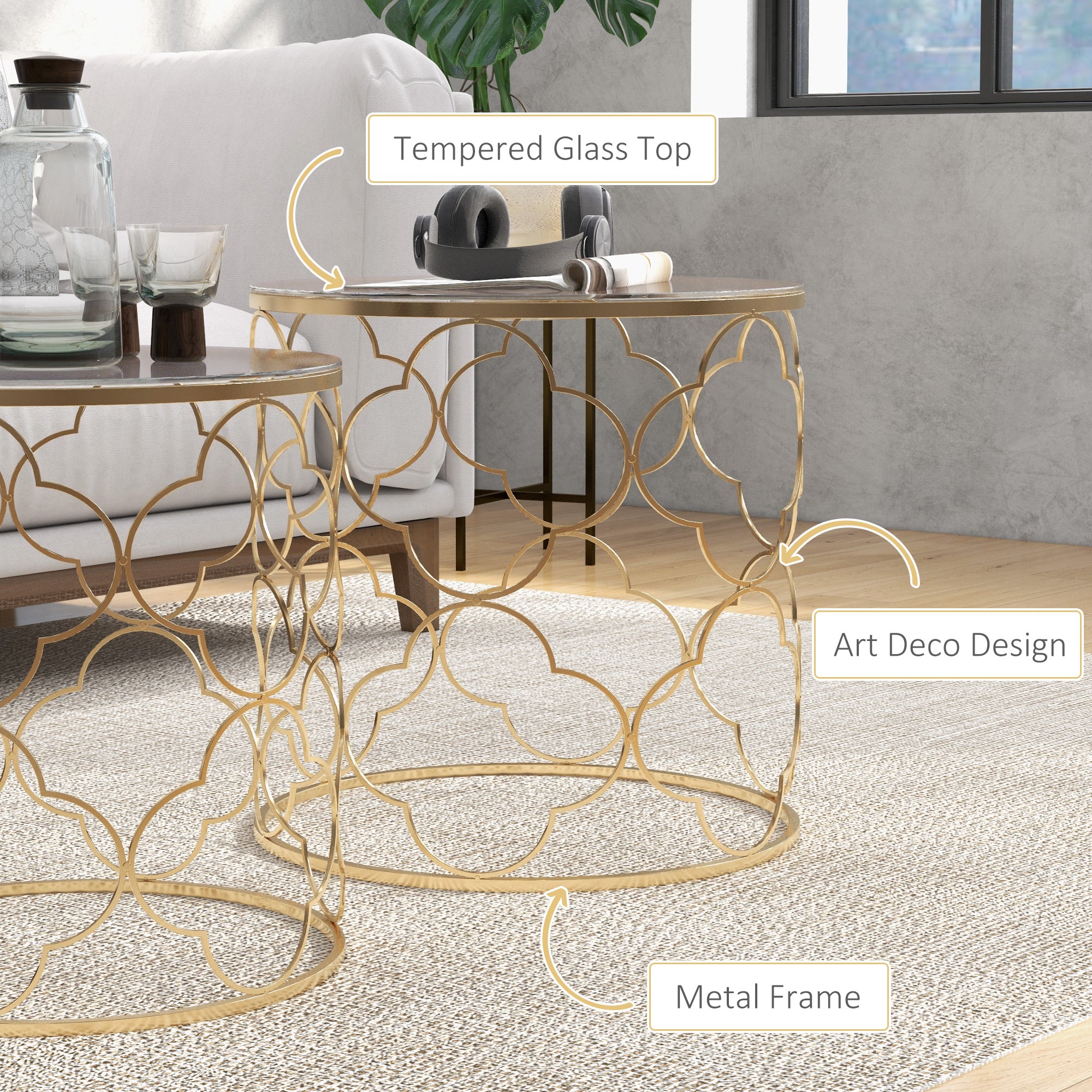 HOMCOM Nesting Tables Set of 2, Modern Stacking Side End Table with Tempered Glass Top, Metal Frame for Living Room Bedroom Office, Gold Tone