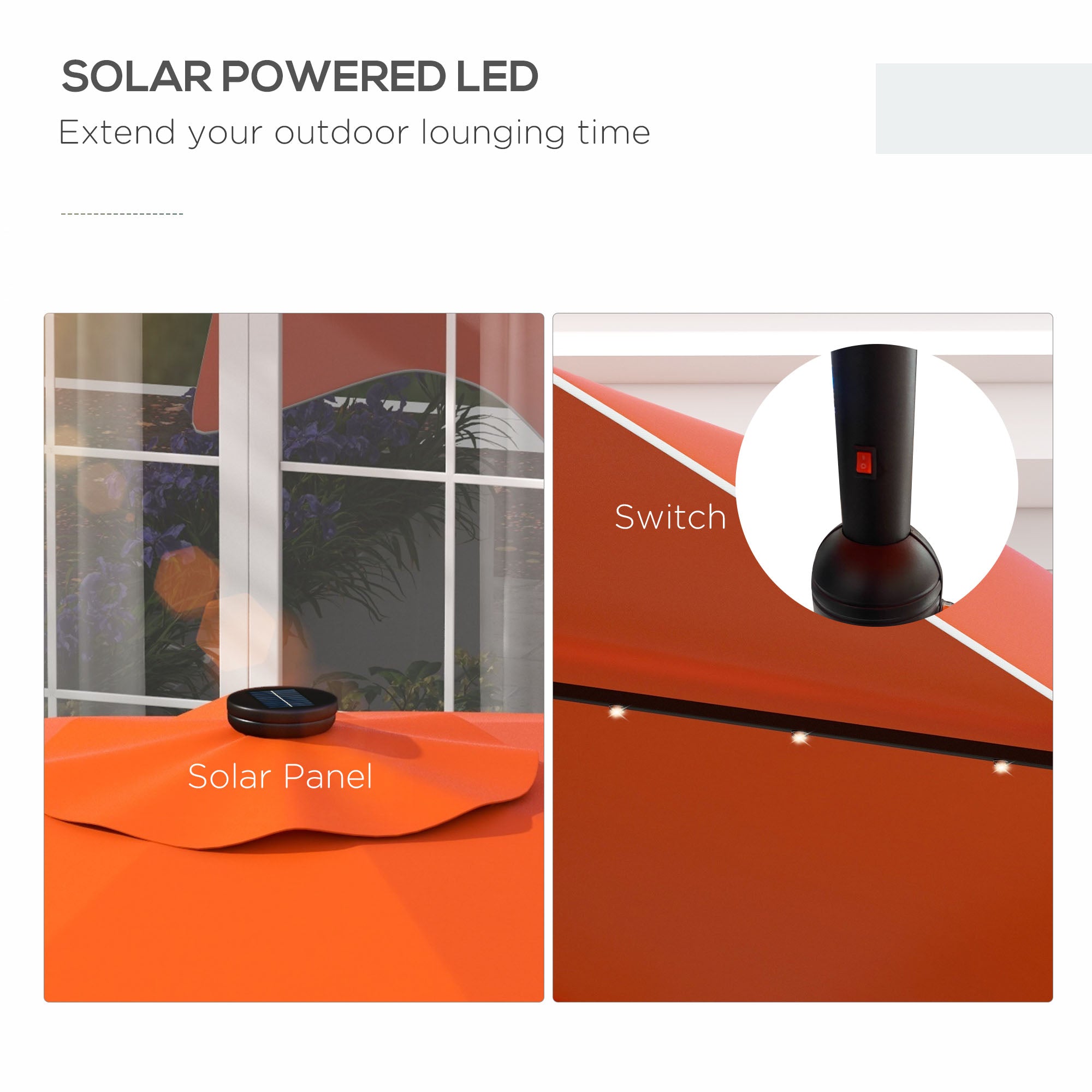 Outsunny Solar Patio Umbrella with LED and Tilt, Outdoor Market Table Umbrella Parasol with Crank, 3 x 3 (m), Orange