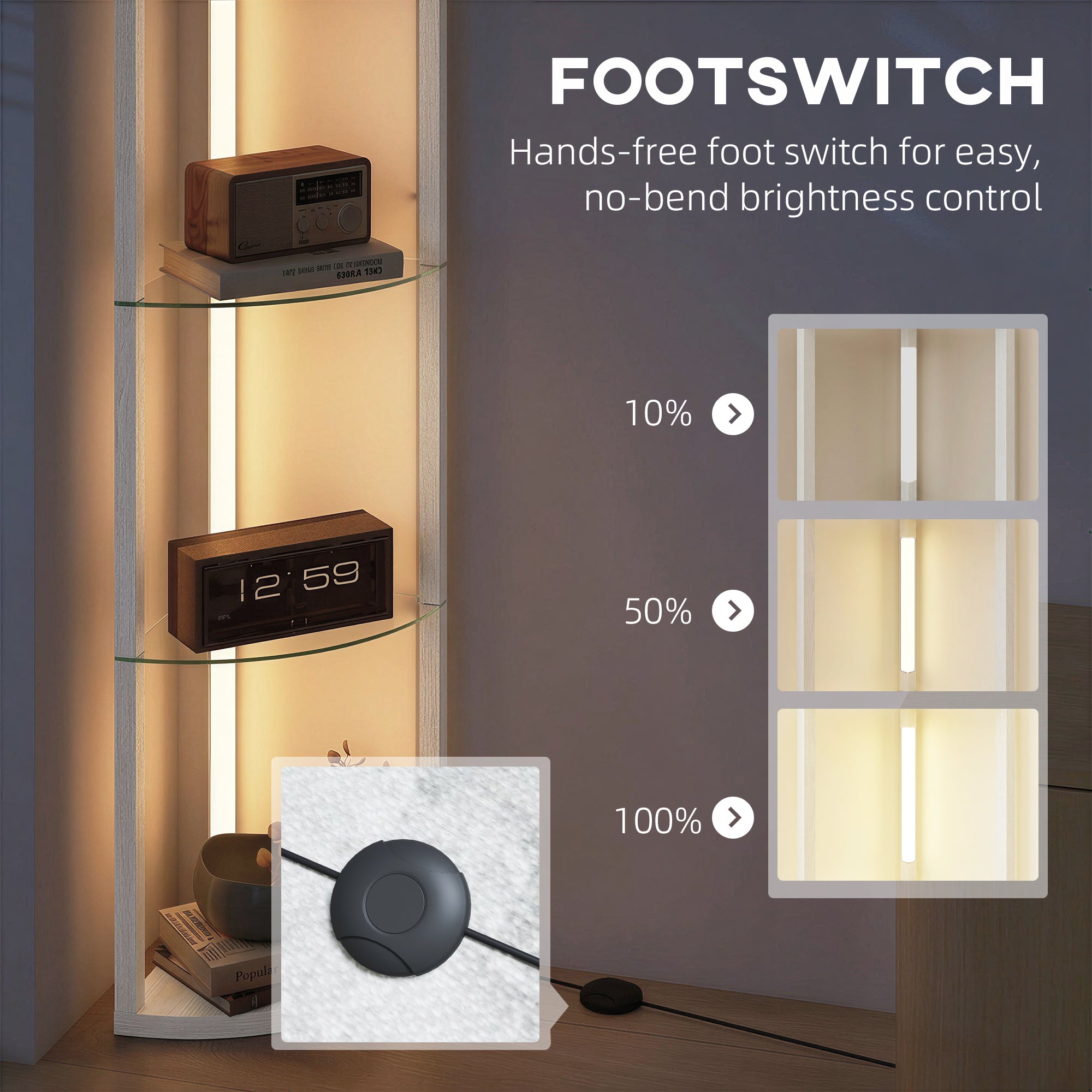 HOMCOM LED Floor Lamp with Shelves, Dimmable Standing Lamp with Foot Switch for Living Room, Bedroom, White