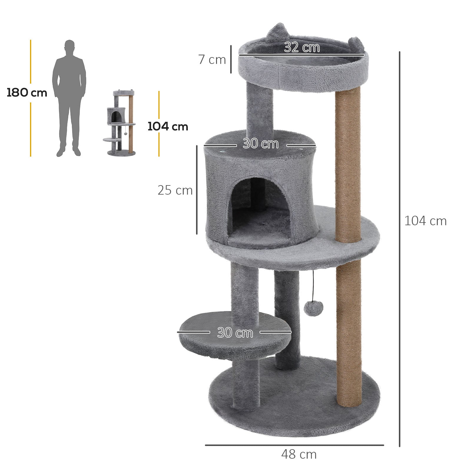 PawHut 104 cm Cat Tree, Cat Condo Tree Tower, Cat Activity Centre with Scratching Posts, Plush Perch, Hanging Ball - Grey