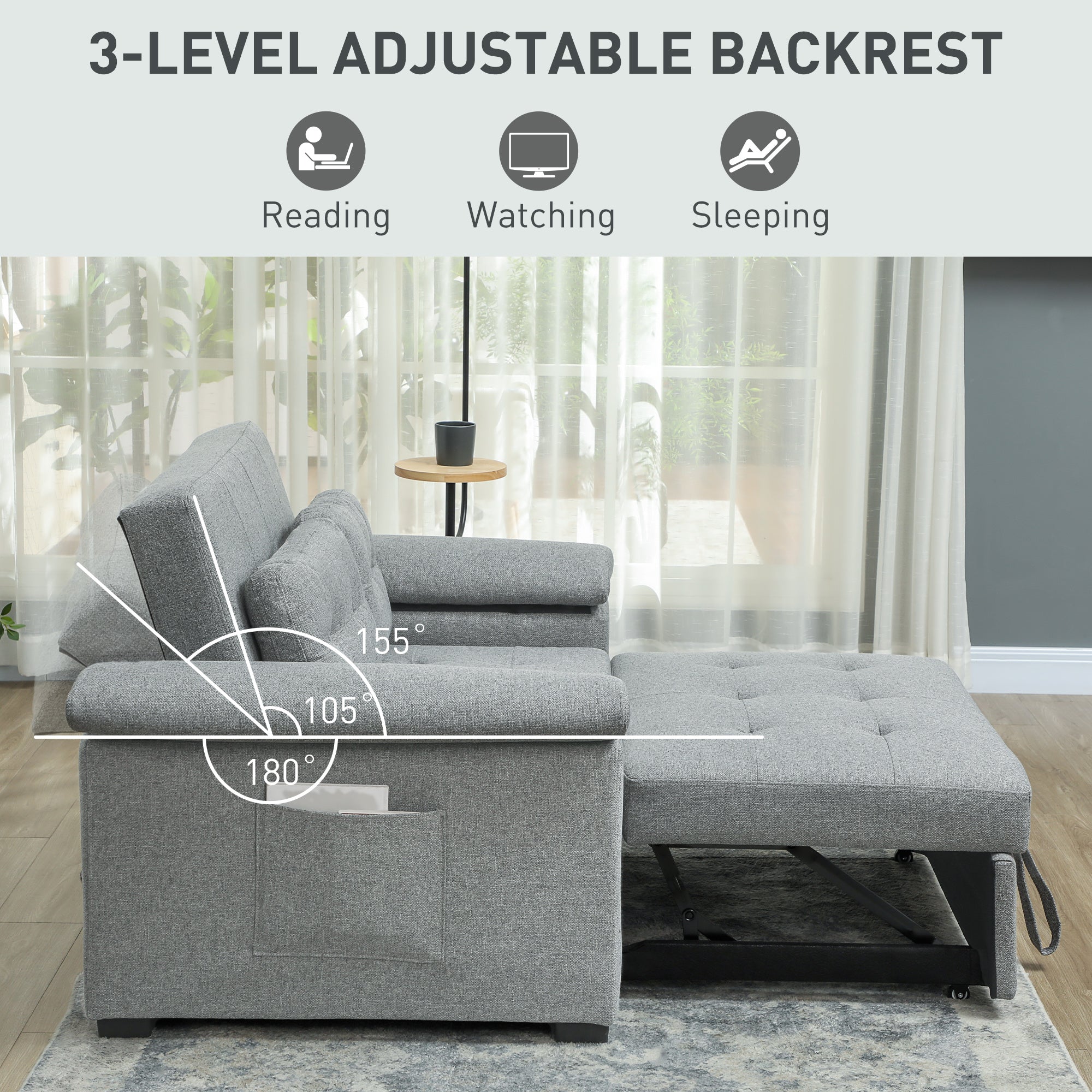 HOMCOM Pull Out Sofa Bed with 2 Pocket Springs, Fabric 2 Seater Click Clack Sofa Bed Settee, Convertible Sofa Couch with Pillows and Side Pockets for Living Room, Home Office, Light Grey