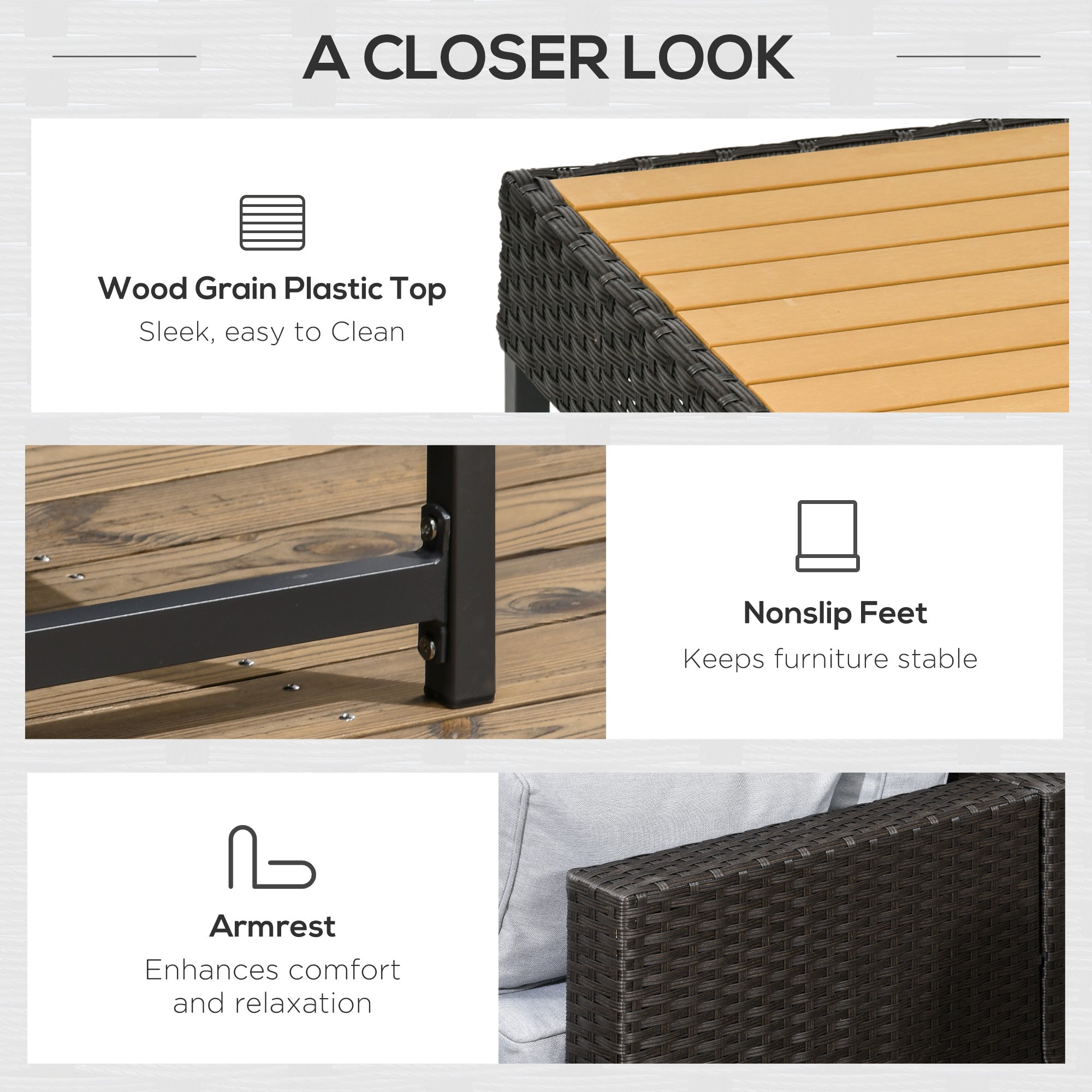 Outsunny 5 Piece Outdoor PE Rattan Corner Sofa Set with Cushions, Wicker Rattan Garden Furniture  with Wood-Effect Top Table, Brown