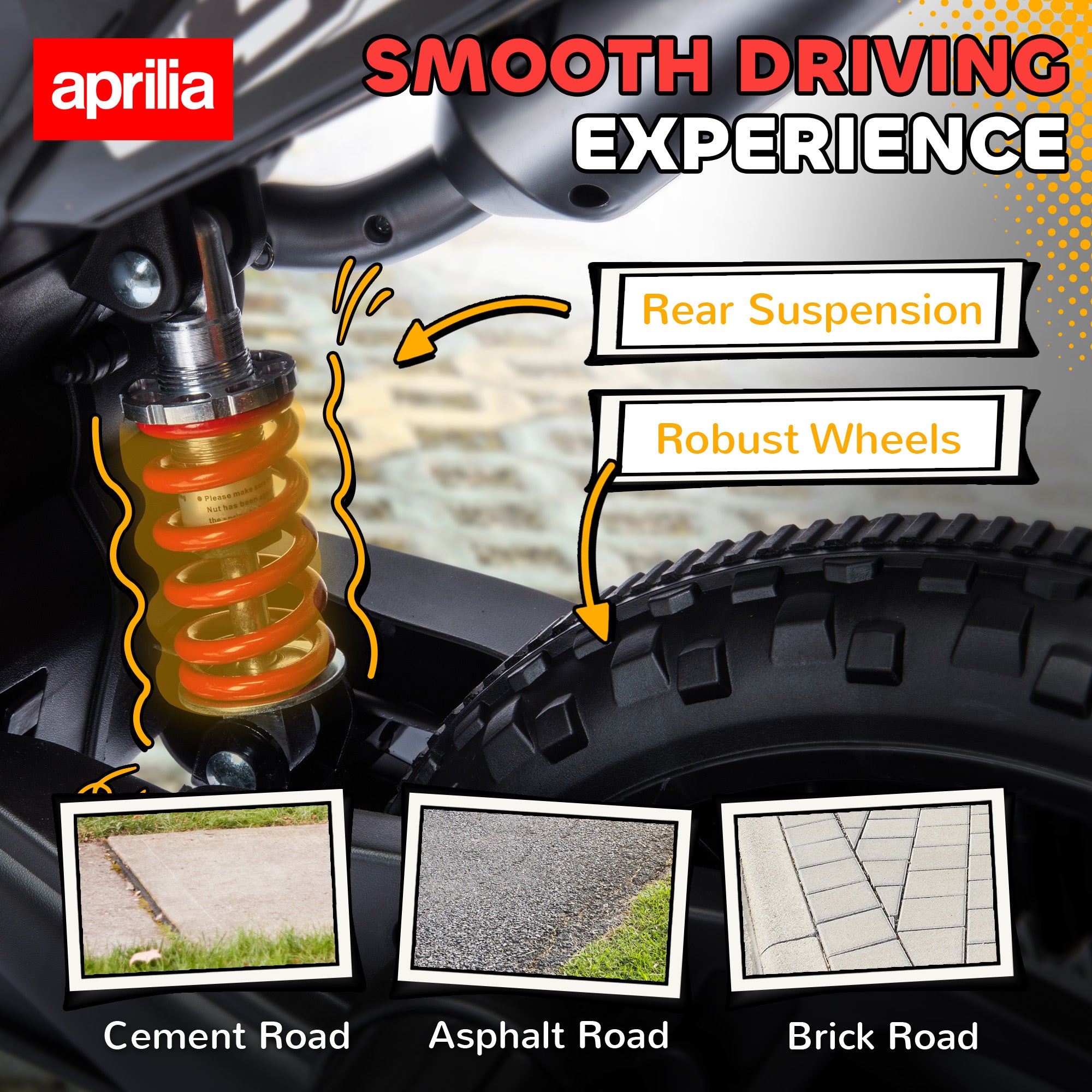 AIYAPLAY 12V Aprilia Licenced Kids Motorbike with Training Wheels, Spring Suspension, LED Light, USB, Music, Red