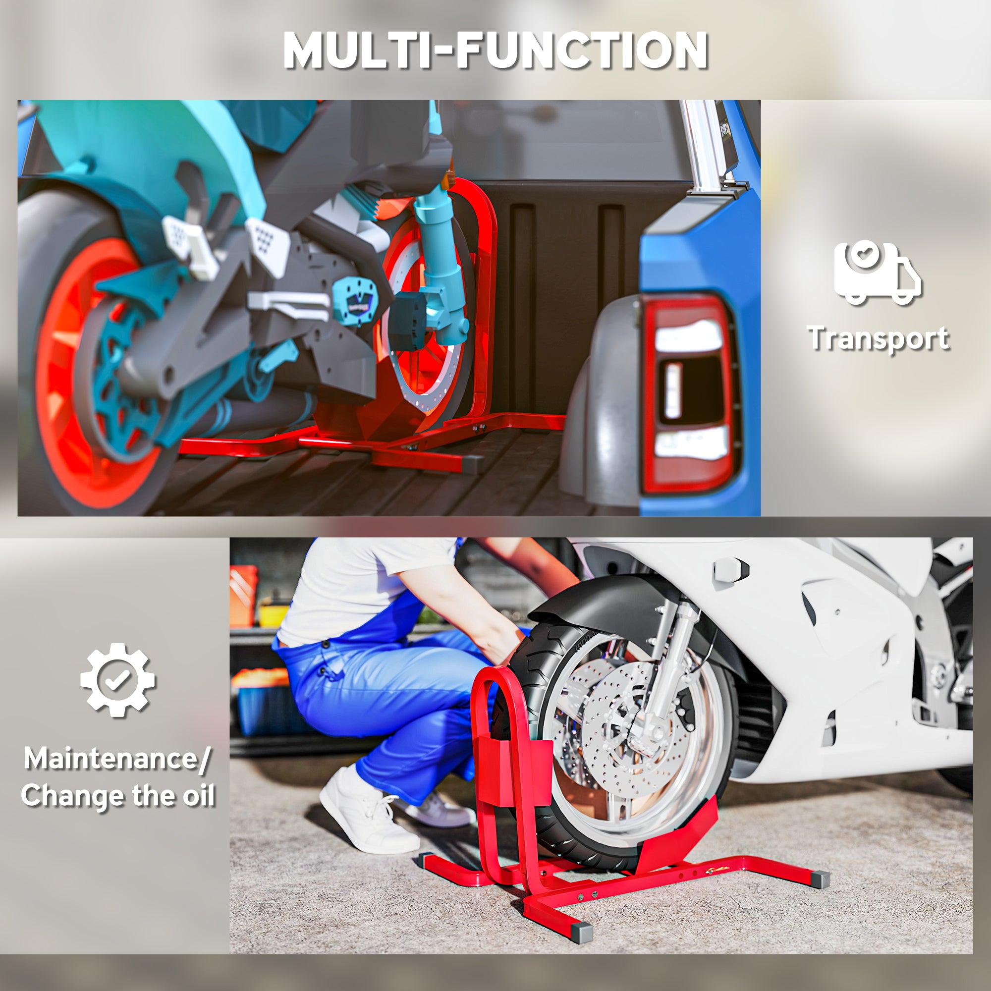 HOMCOM Metal Motorcycle Motorbike Wheel Chock Locking Stand System 17", 19", 21"/43, 48, 51 cm Front Wheels Steel Adjustable Fixing Tyre Holder Support