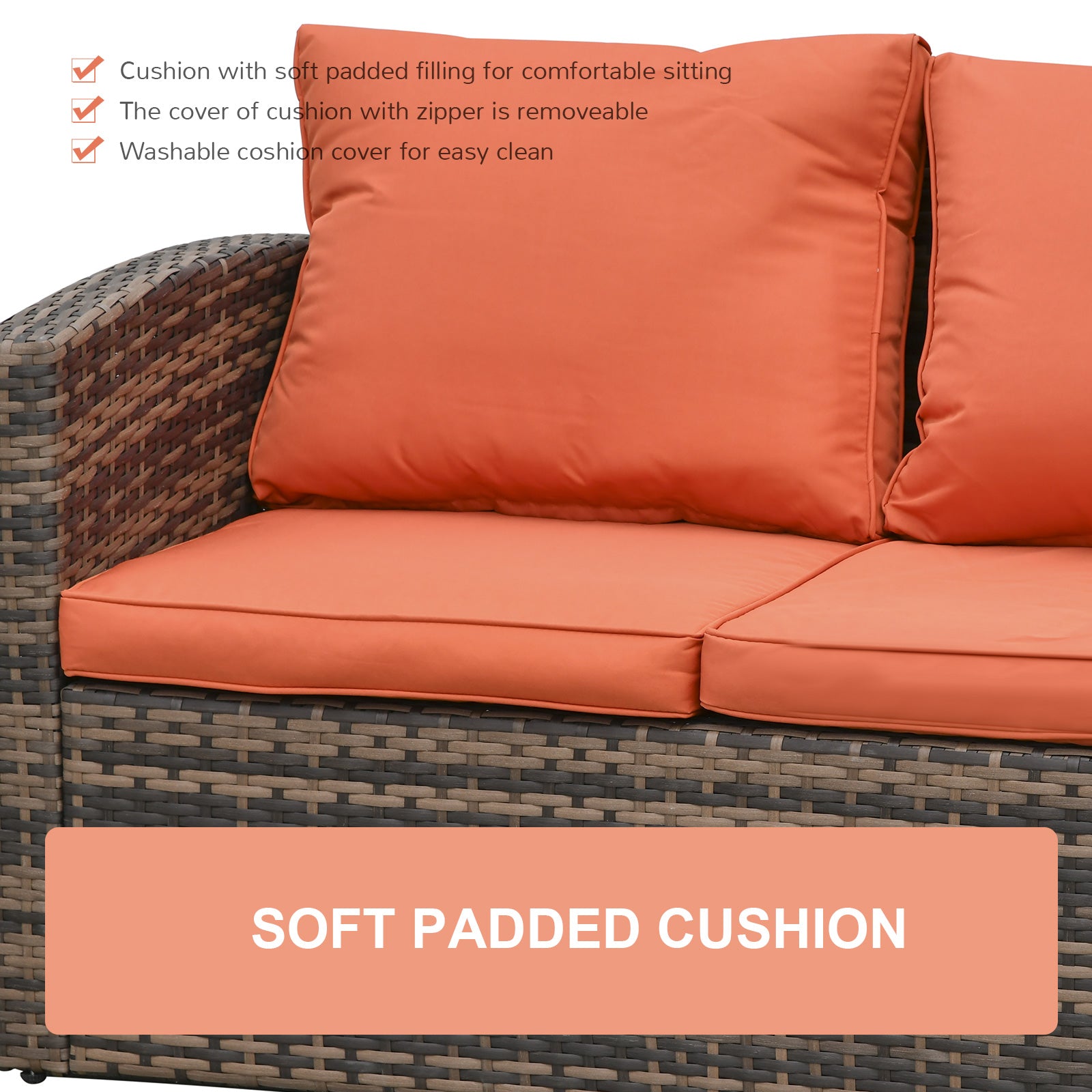 Outsunny 6 Pieces Rattan Garden Furniture Set, 7 Seater Wicker Outdoor Furniture Set with Storage Tea Table & Side Table, Sectional Garden Sofa Set with Cushions, Orange