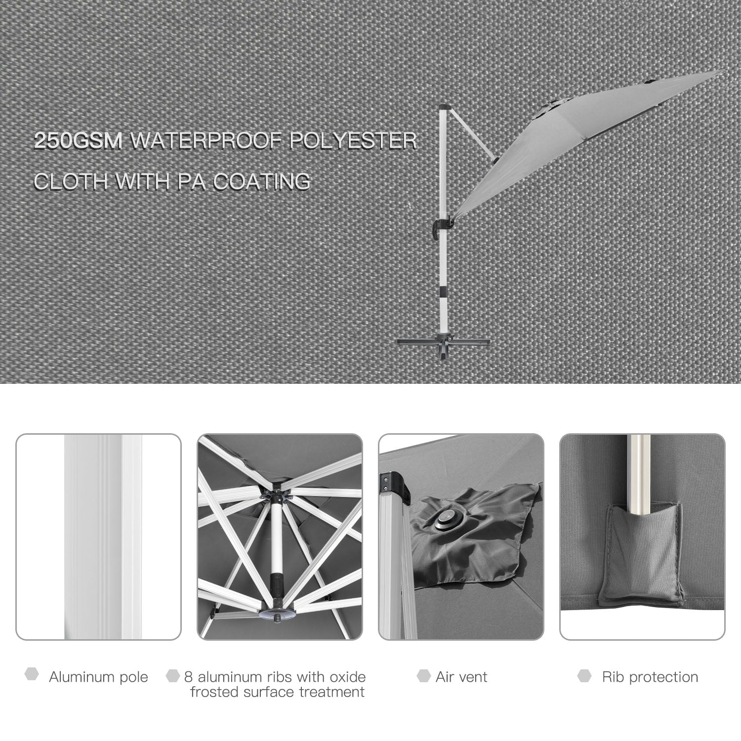 Outsunny 3 x 3(m) Cantilever Roma Parasol, Square Garden Umbrella with Cross Base, Crank Handle, Tilt, 360\'c2\'b0 Rotation and Aluminium Frame, Grey