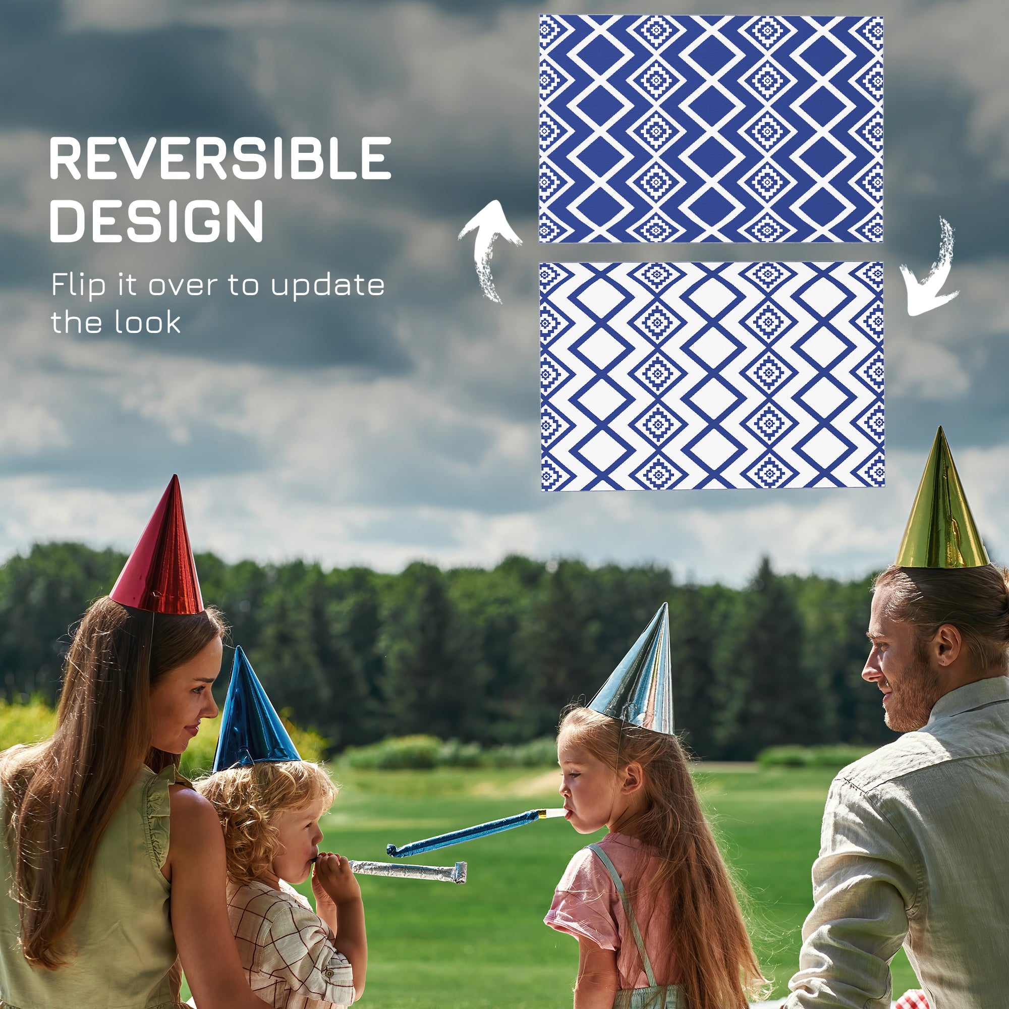 Outsunny Plastic Straw Reversible RV Outdoor Rug with Carry Bag, 182 x 274cm, Blue and White